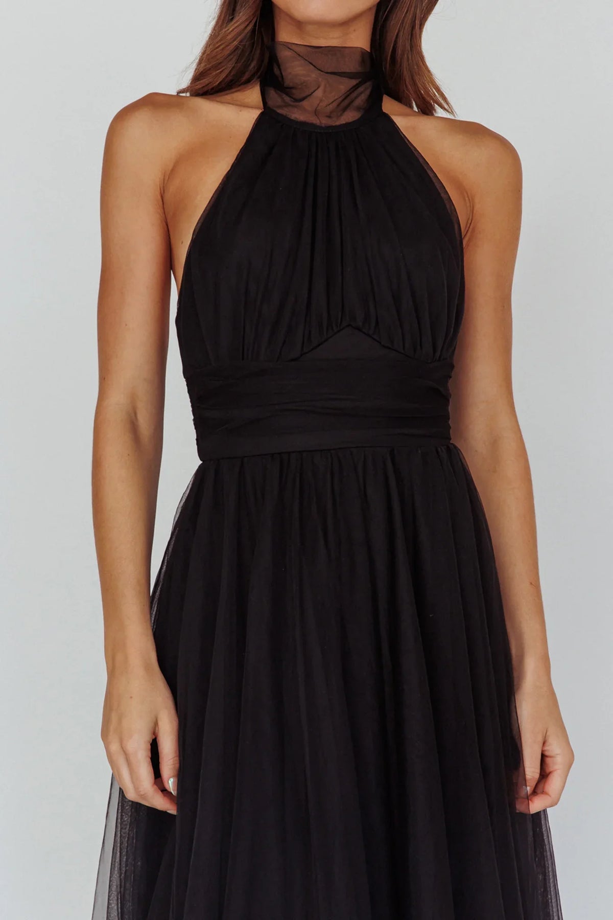 Andria Halterneck Tulle Midi Dress Black