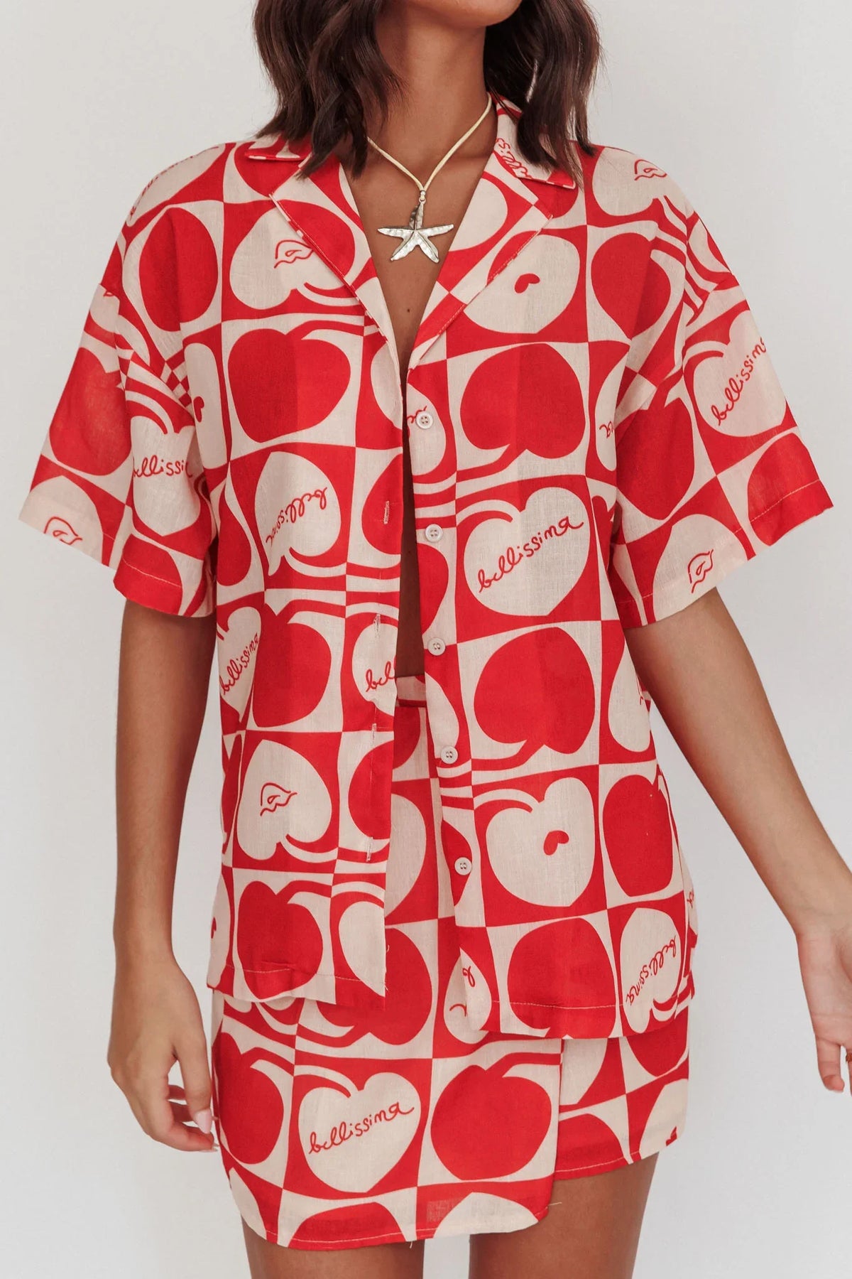 Ithaca Cherry Print Short Sleeve Shirt Red Beige