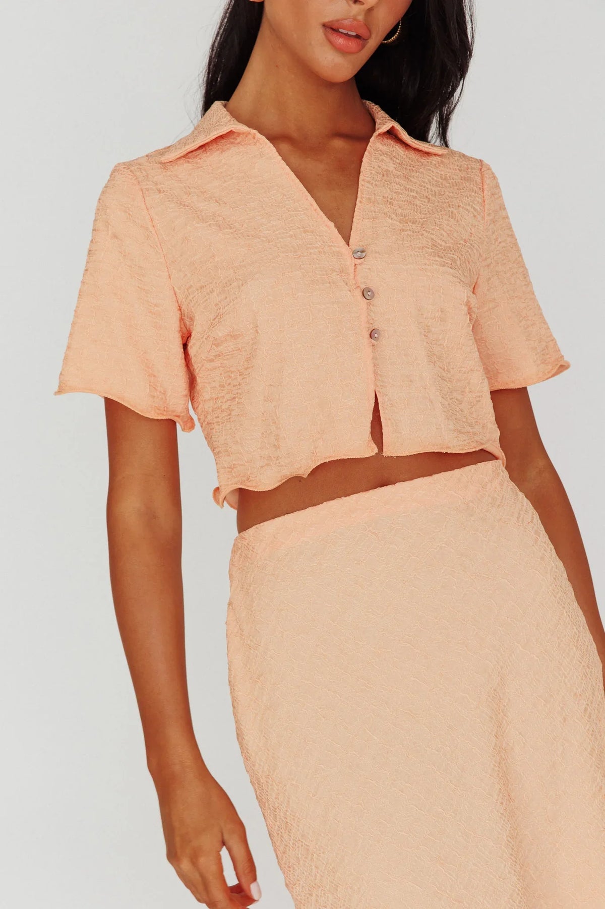 Roman Button-Up Crop Top Textured Melon