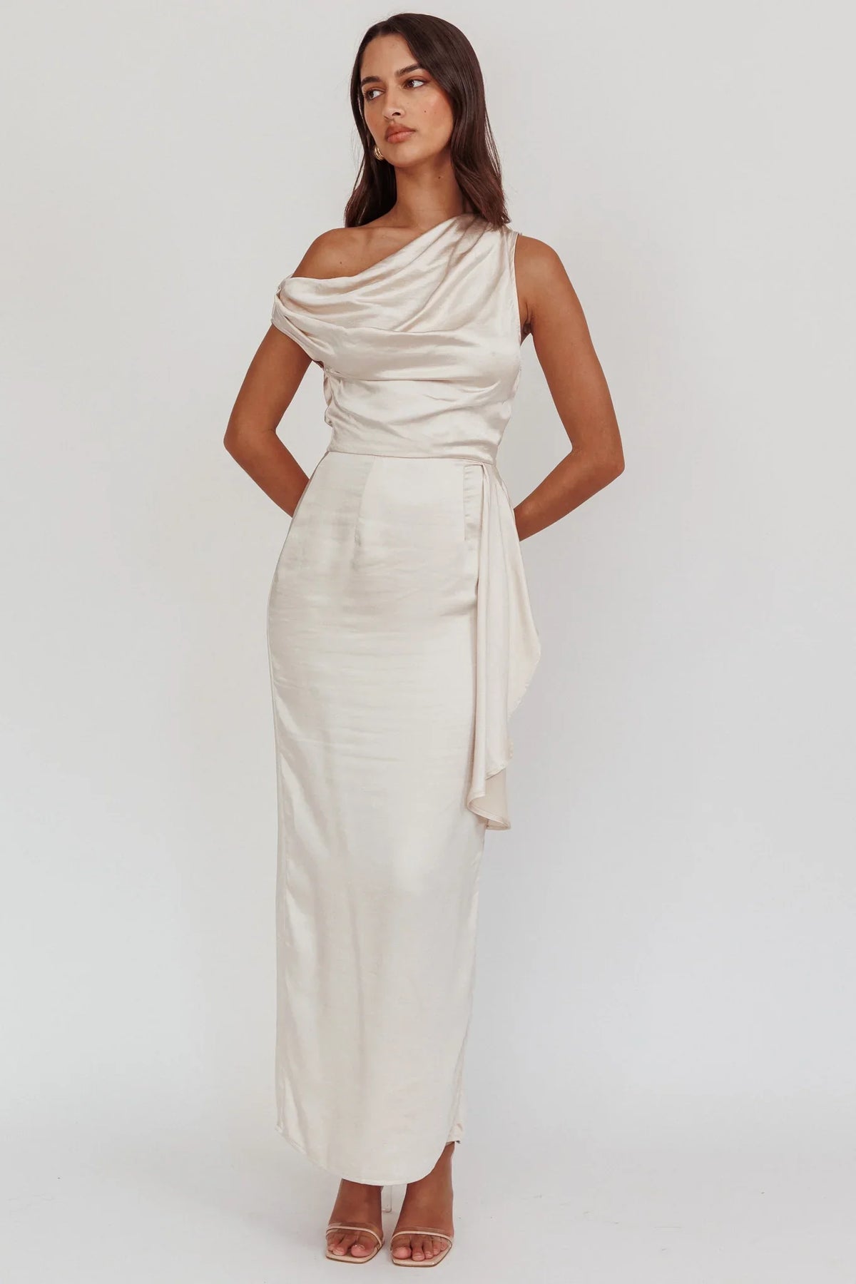 Tova Draped One-Shoulder Maxi Dress Champagne