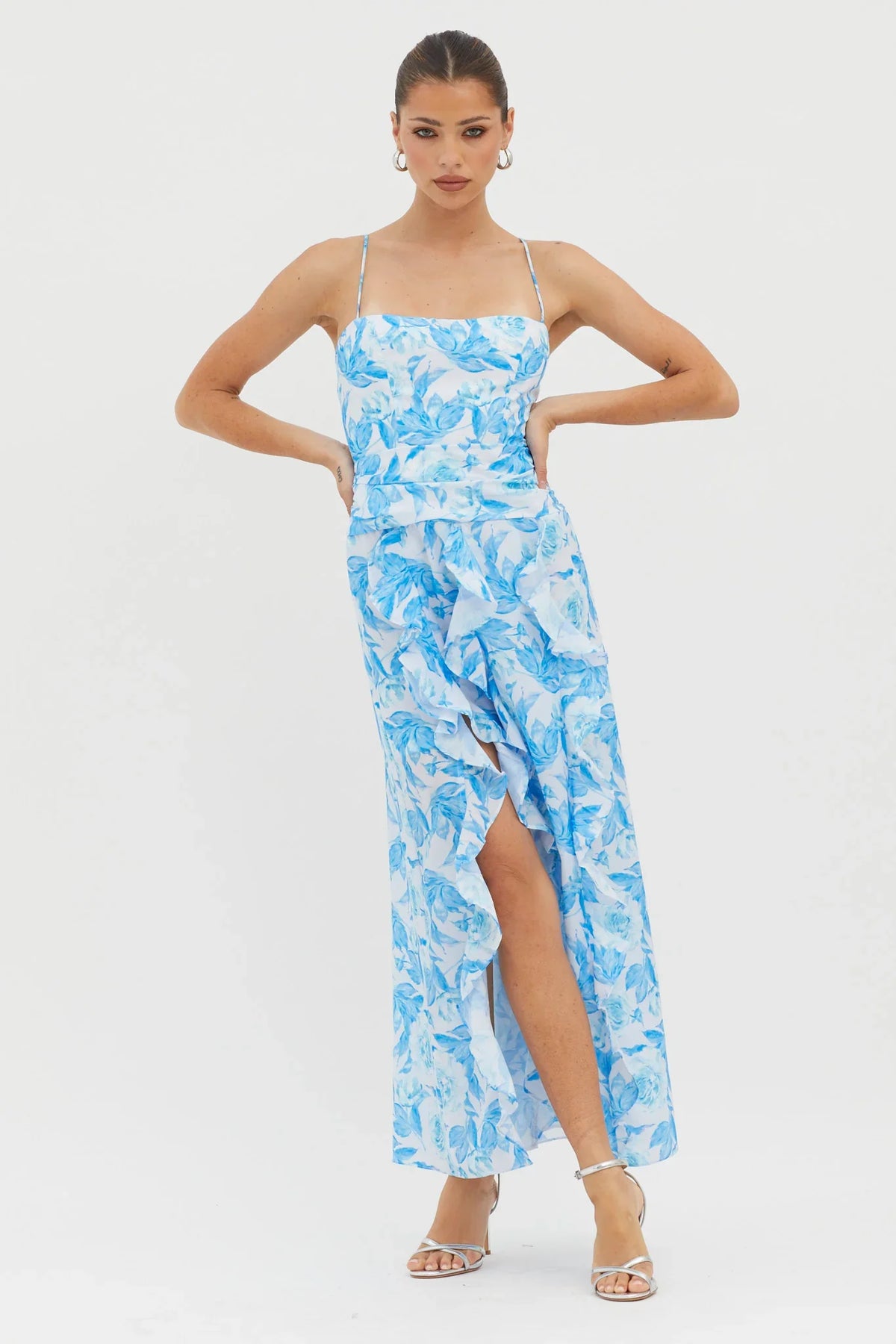 Serif Ruffle Trim Split Maxi Dress Blue
