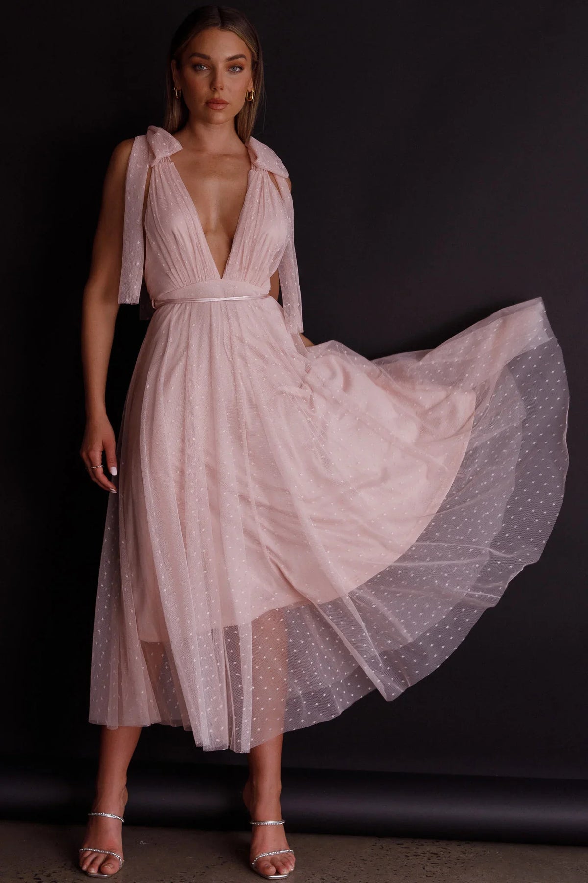 Kathryn Tied Shoulder Mesh Midi Dress Blush
