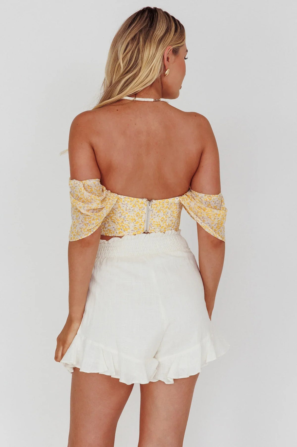 Brandy Off-Shoulder Pointed Hem Crop Top Mottled Print Yellow