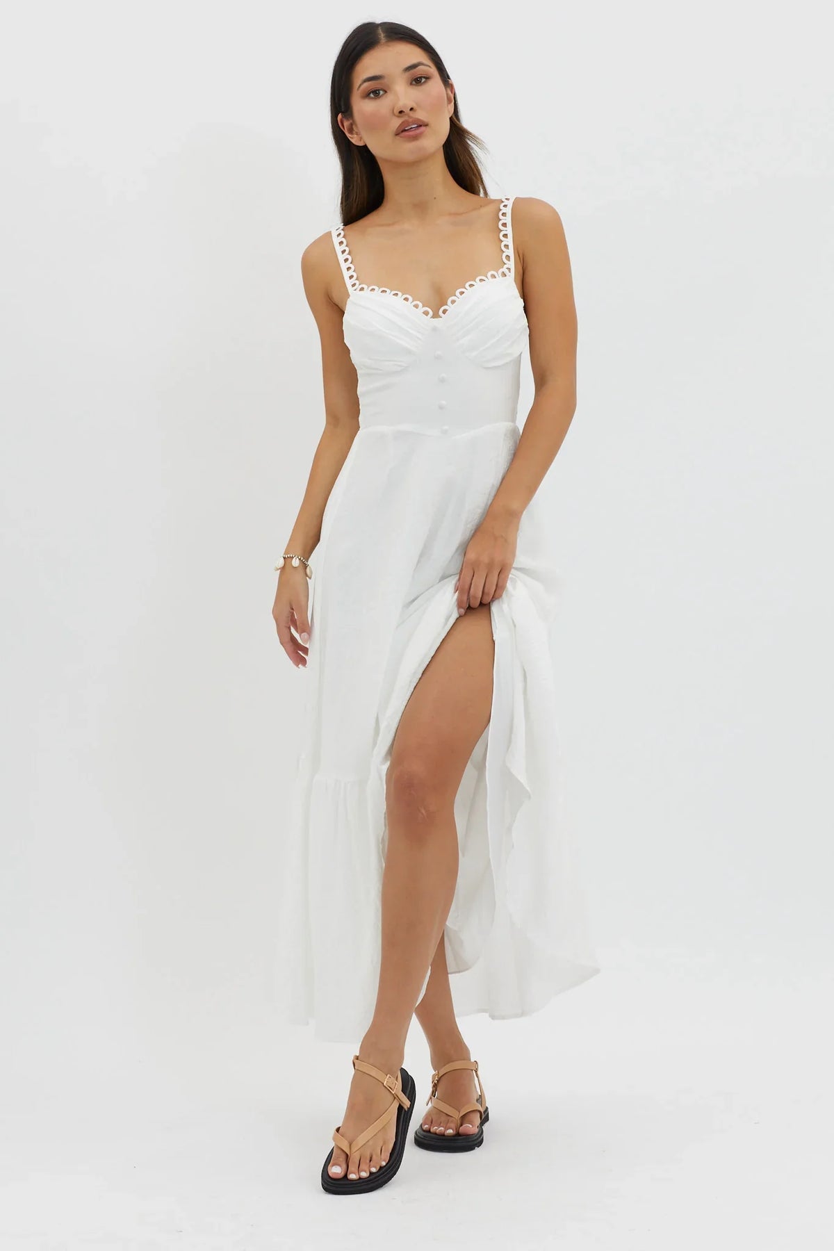 Golden Suns Scallop Trim Midi Dress White