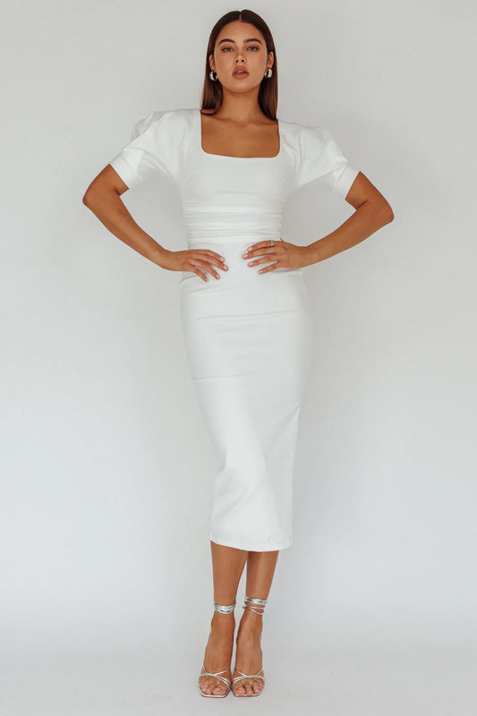 Valette Puff Sleeve Midi Dress White