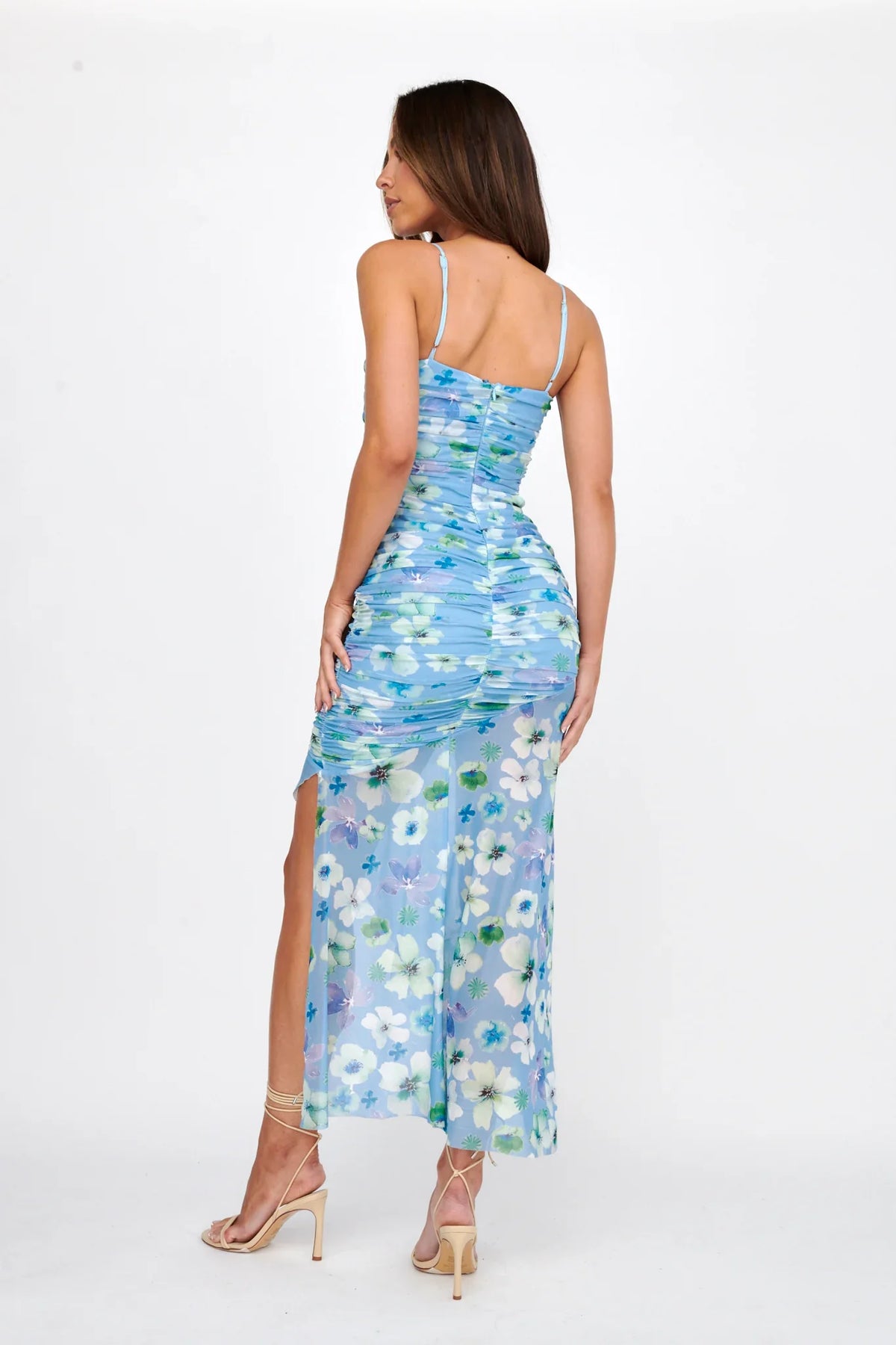 Kindred Soul Ruched Mesh Midi Dress Floral Blue