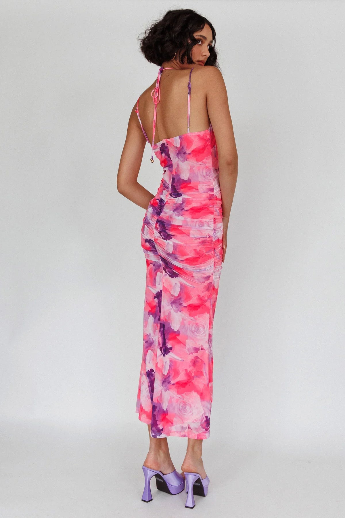Gypsy Garden Laced Bodice Ruched Midi Dress Pink