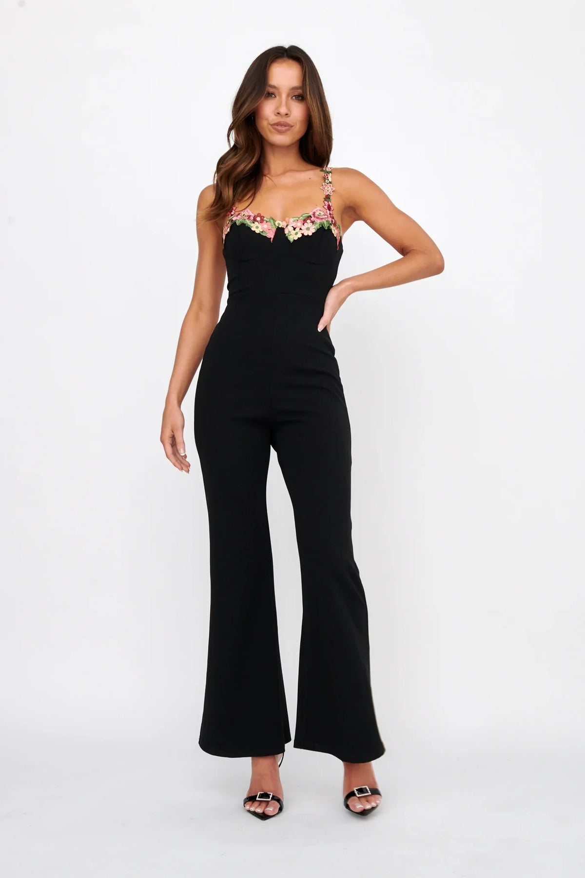 Rose Garden Floral Applique Jumpsuit Black