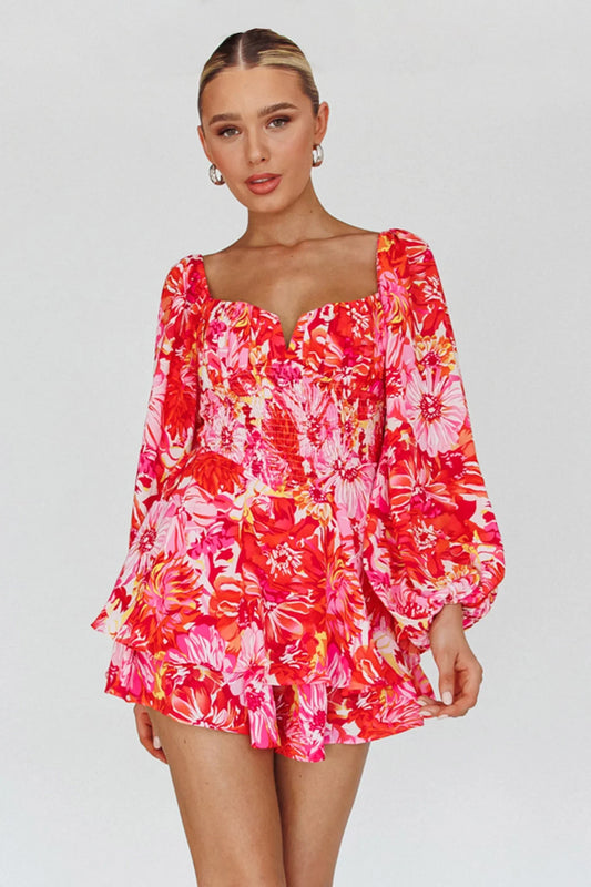 Evanice Shirred Waist Romper Floral Red