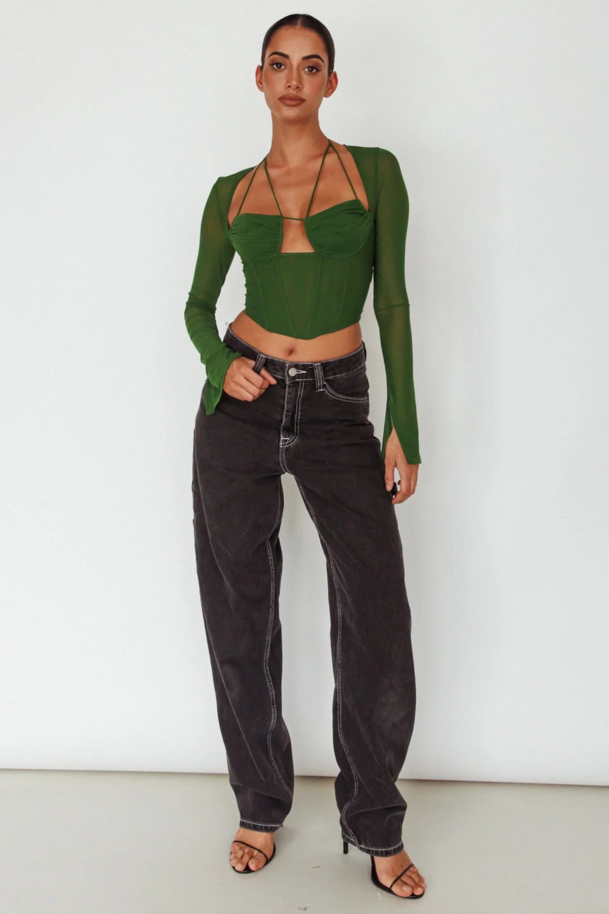 Sera Long Sleeve String Tie Top Forest