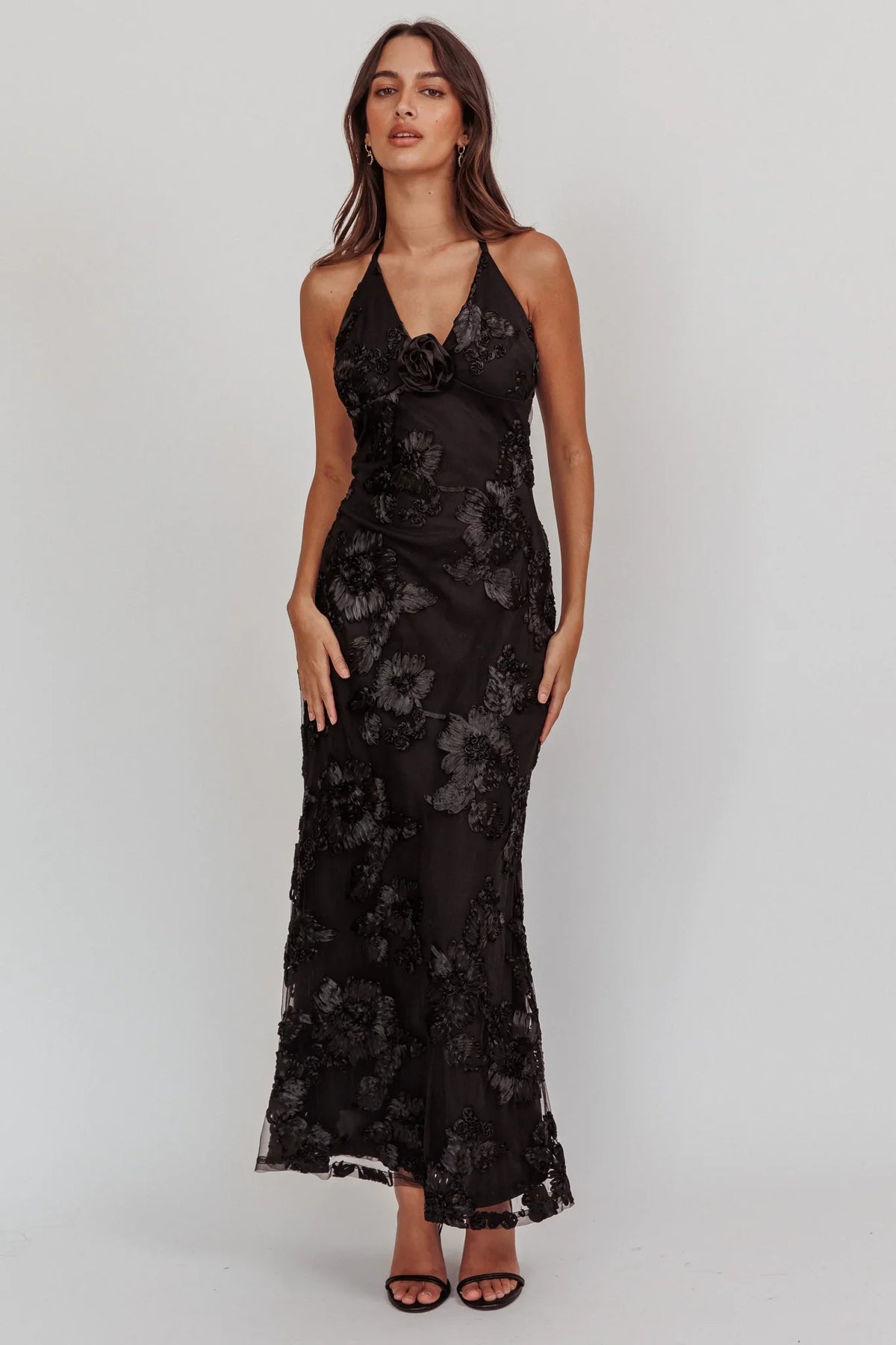 Your Affections Rosette Ribbon Embellished Maxi Dress Black