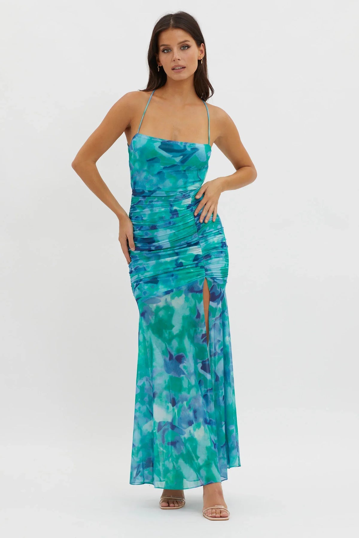 Apryl Ruched Lace-Up Back Dress Green