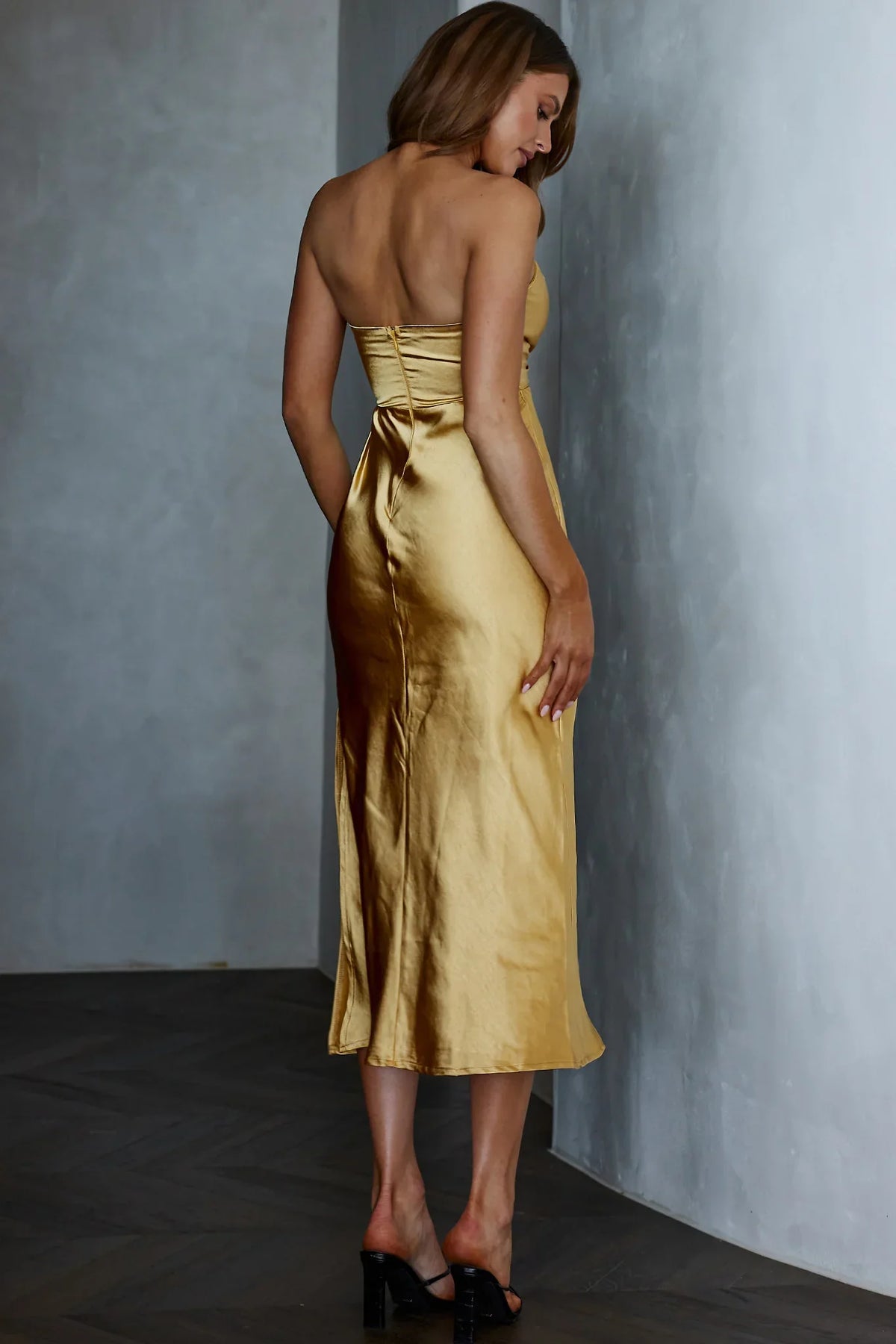Ma Jolie Strapless Midi Dress Gold