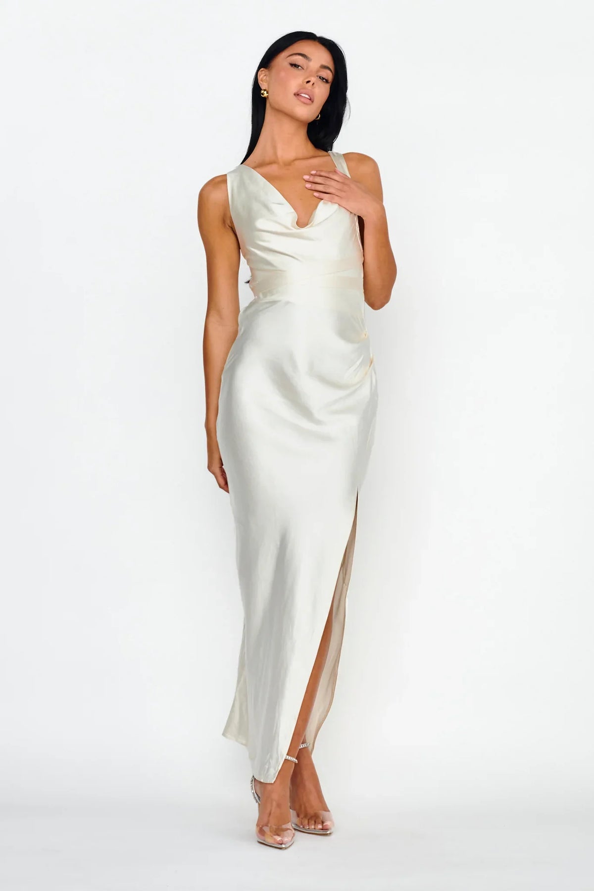 Midnight Sun Asymmetrical Strap Maxi Dress Oyster