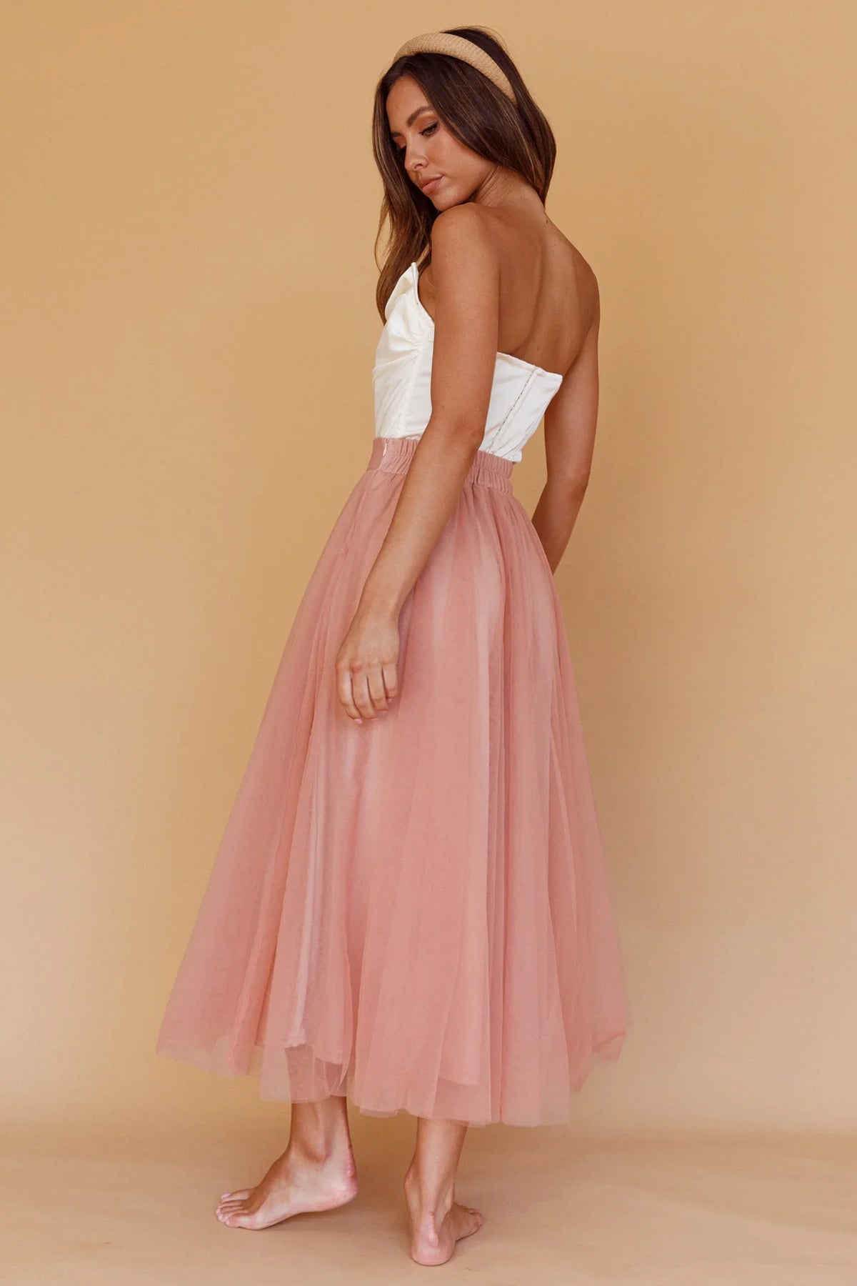Jasmine Organza Mesh Elasticated Waist Midi Skirt Lipstick