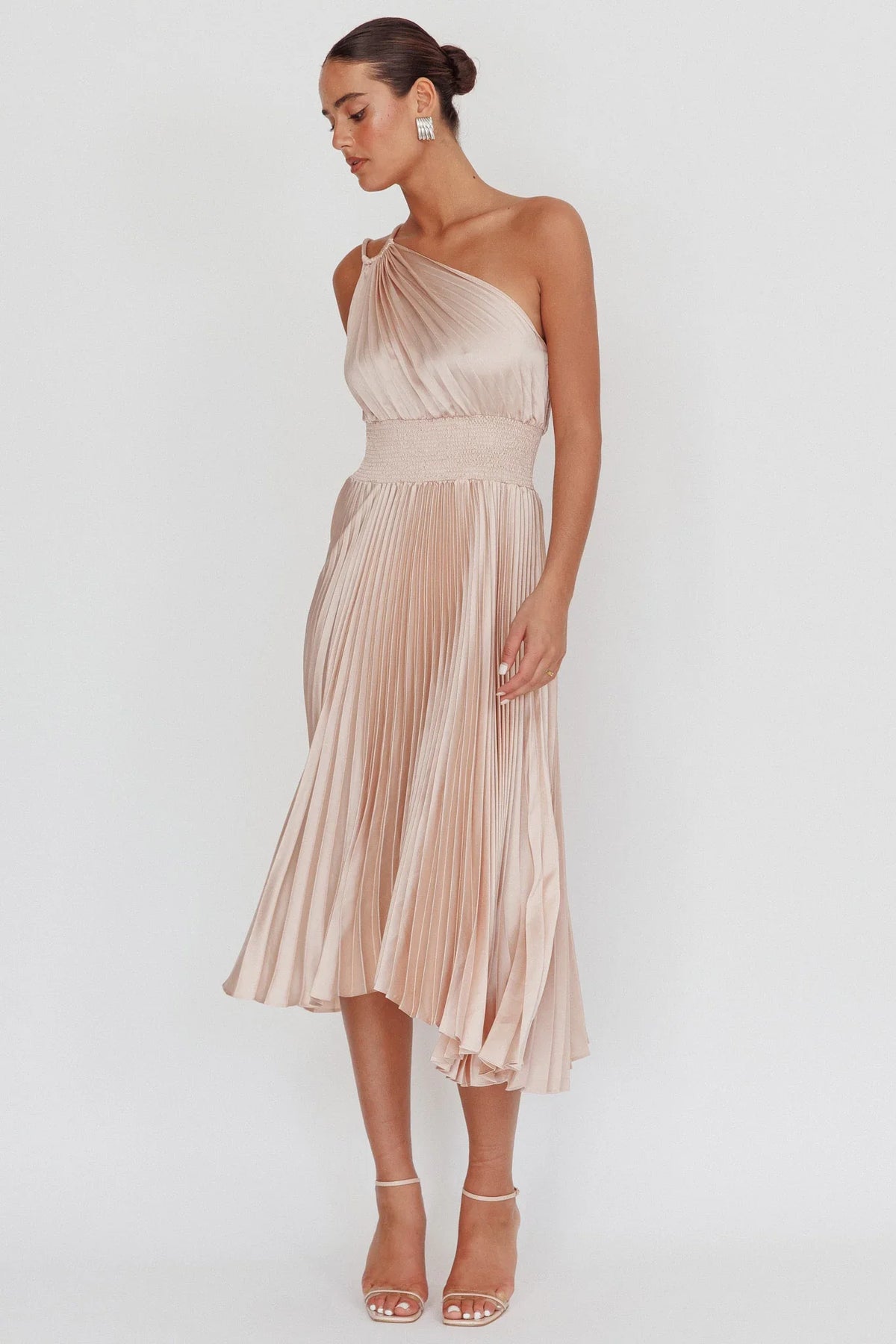 Calissa One Shoulder Pleated Midi Dress Champagne