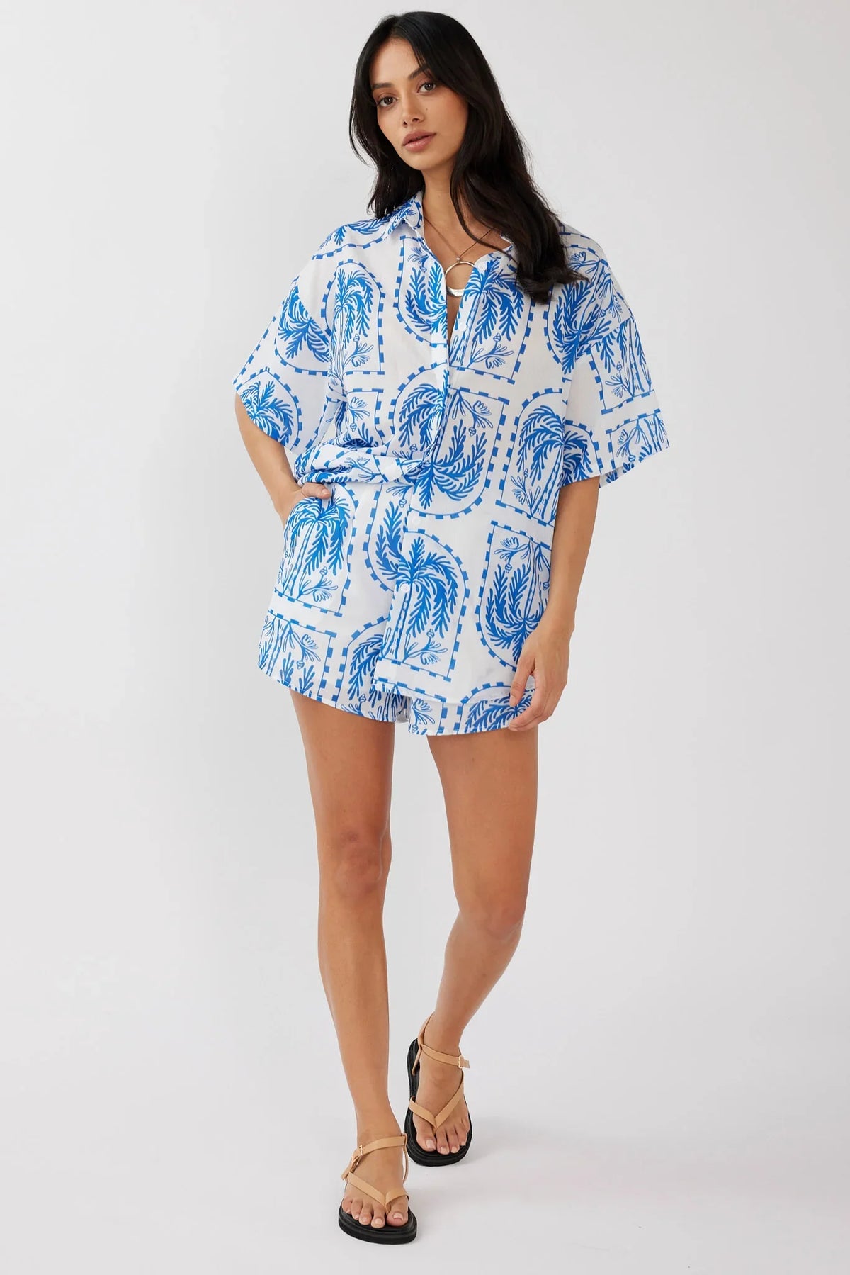 Cora Elastic Waist Shorts Print Blue White