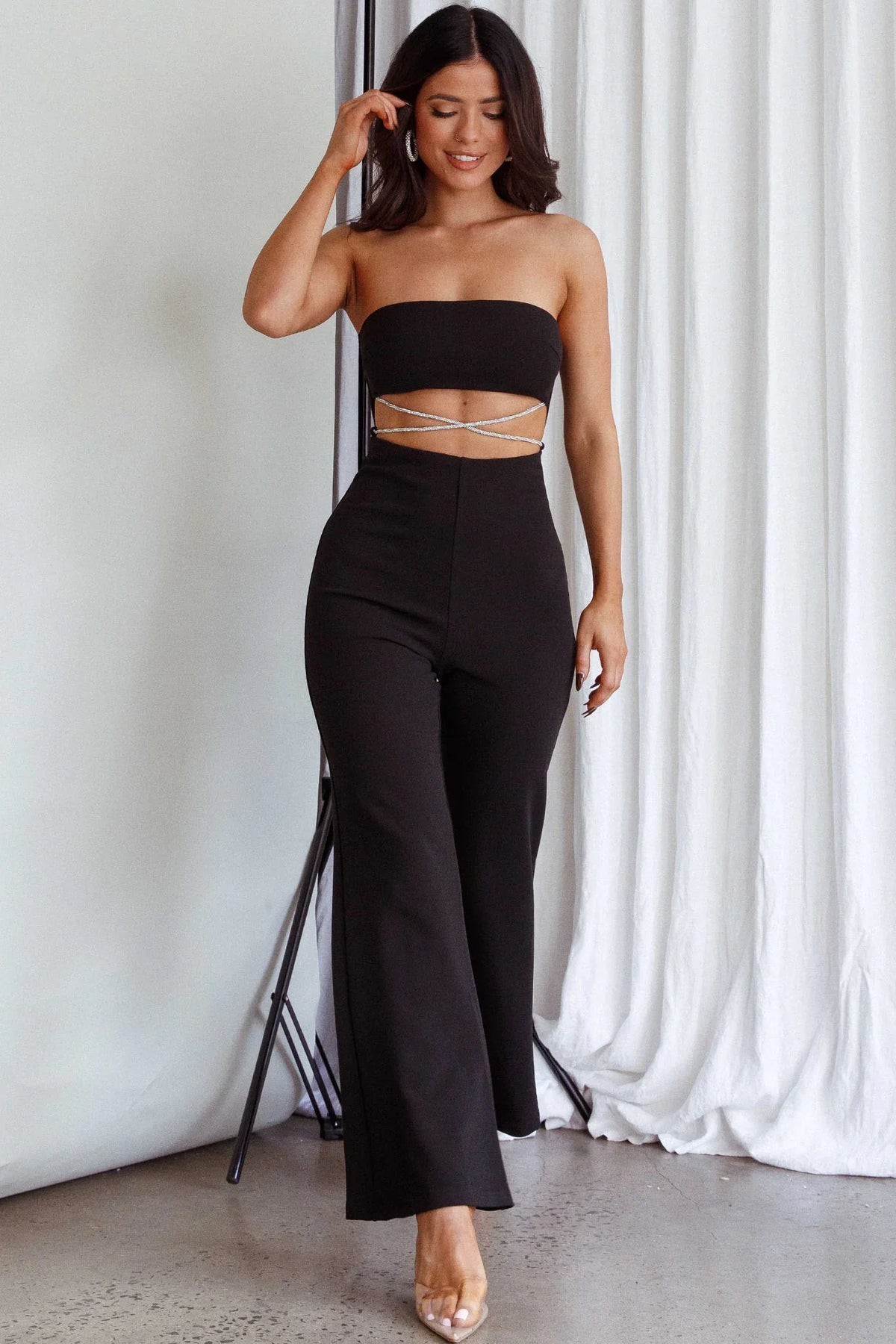 Nohemi Strapless Diamante Jumpsuit Black