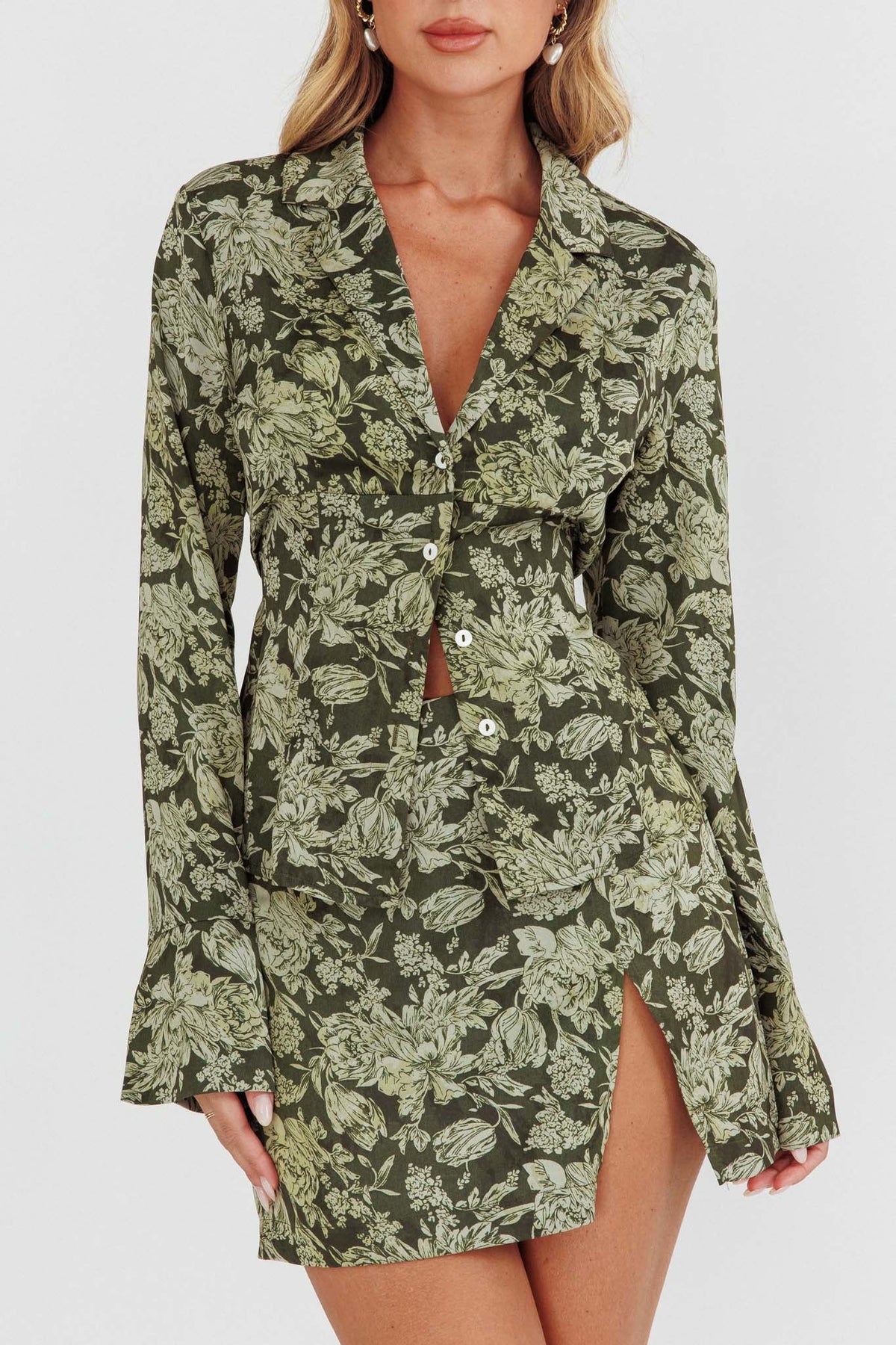 Caledonia Collared Button-Up Satin Shirt Floral Olive