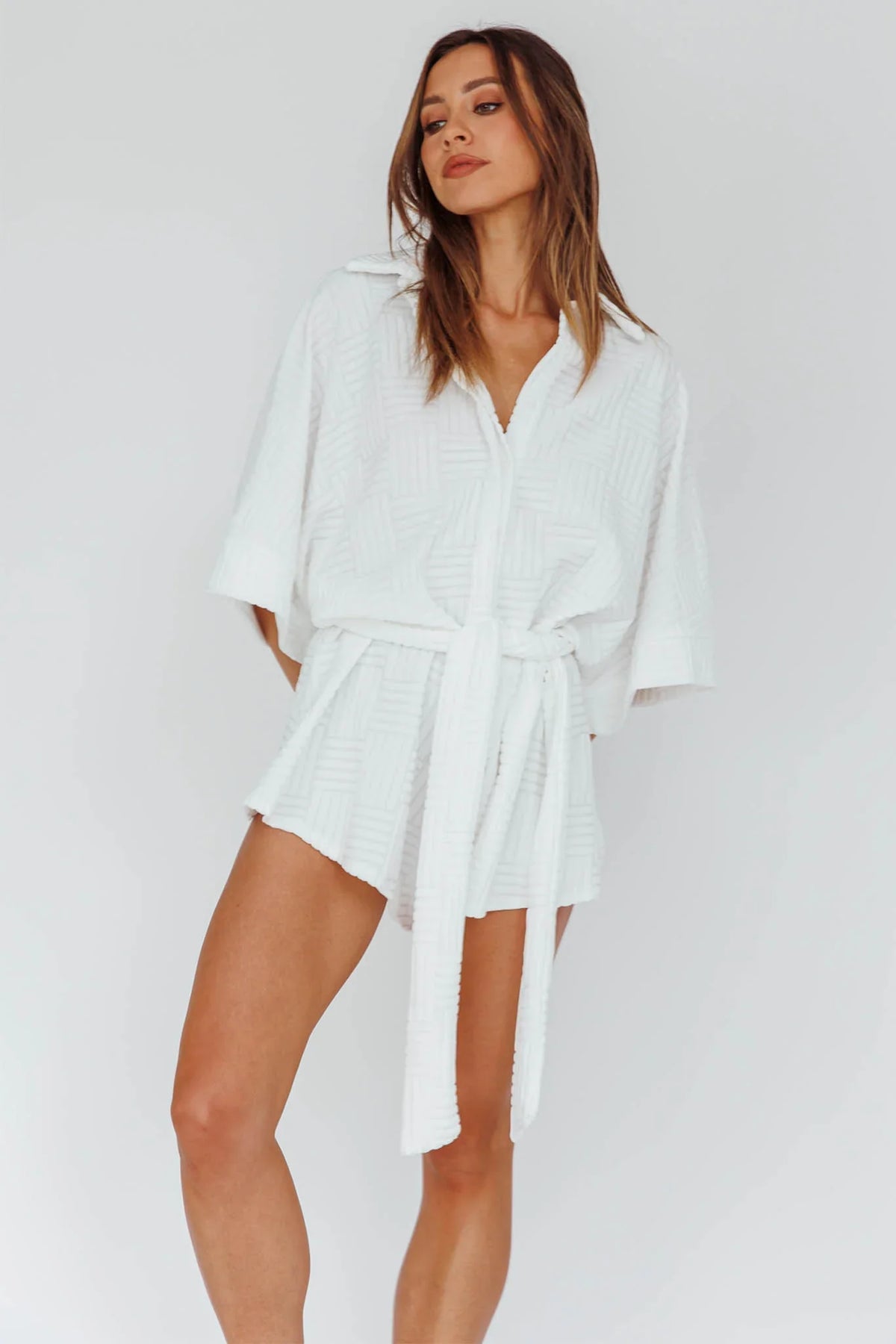 Daytona Beach Button-Up Romper Textured White