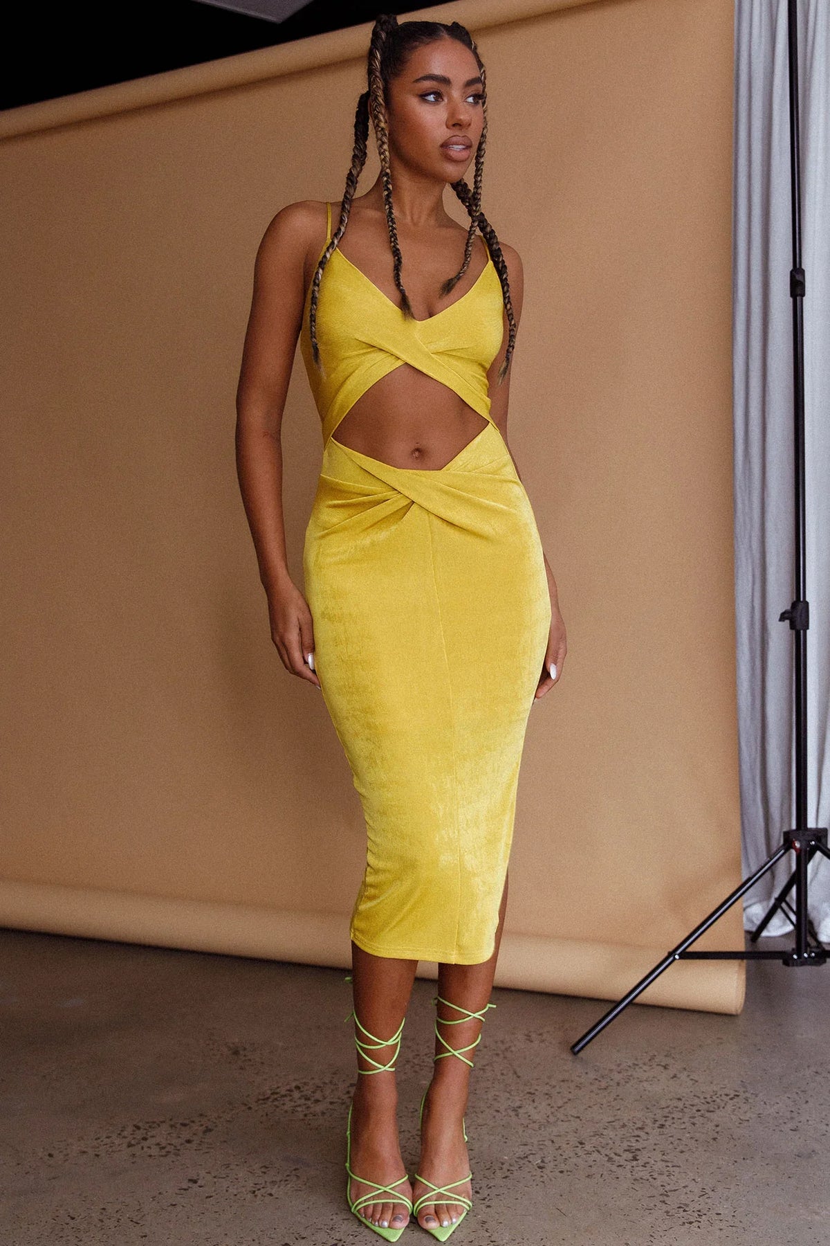 Loving You Cut-Out Waist Midi Dress Yellow