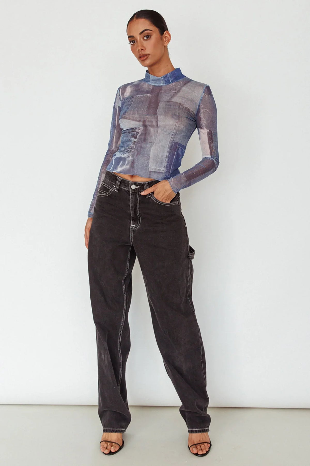 Giza Long Sleeve Mock Neck Top Print Denim Multi