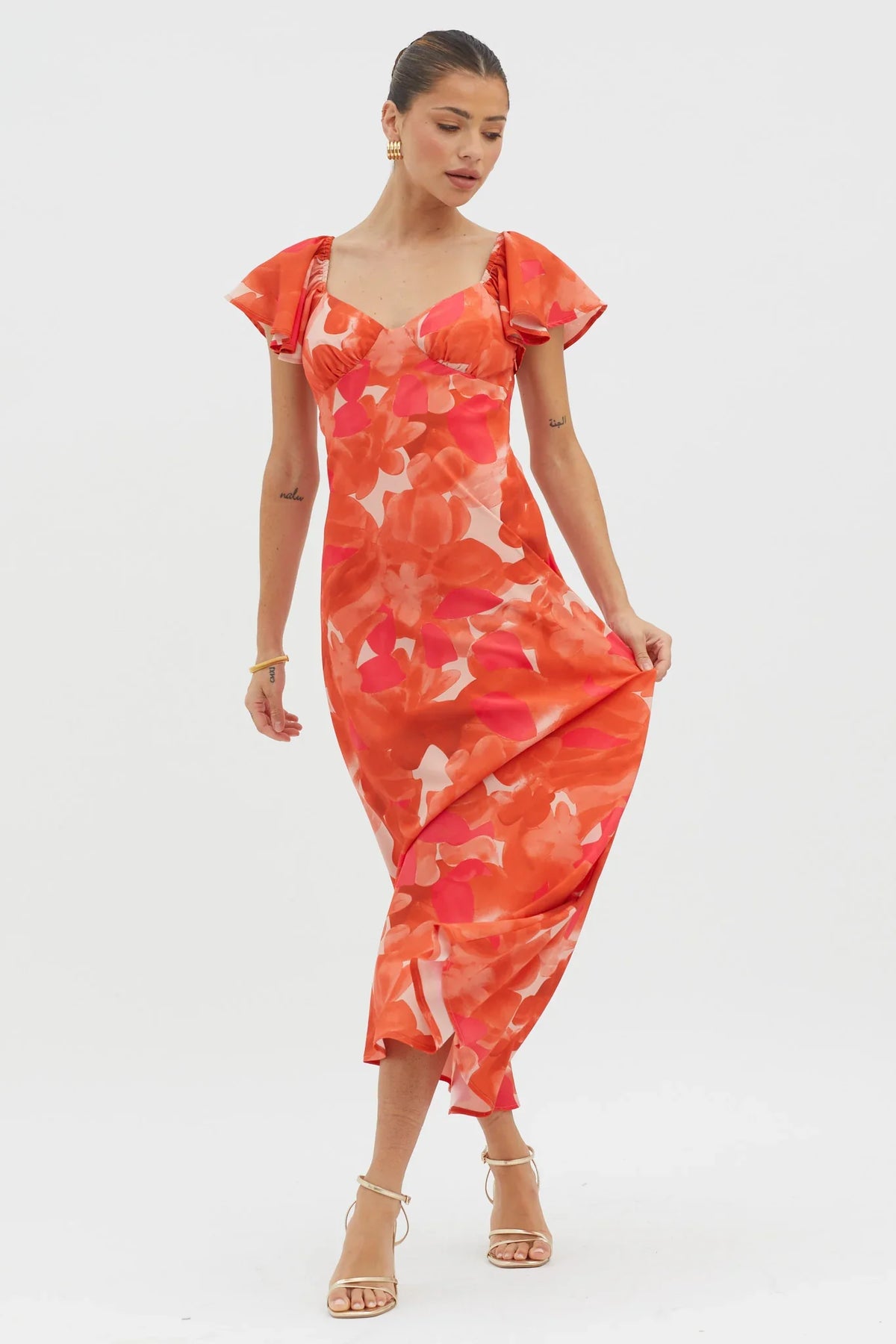 Park Avenue Flutter Sleeve Mini Dress Abstract Orange
