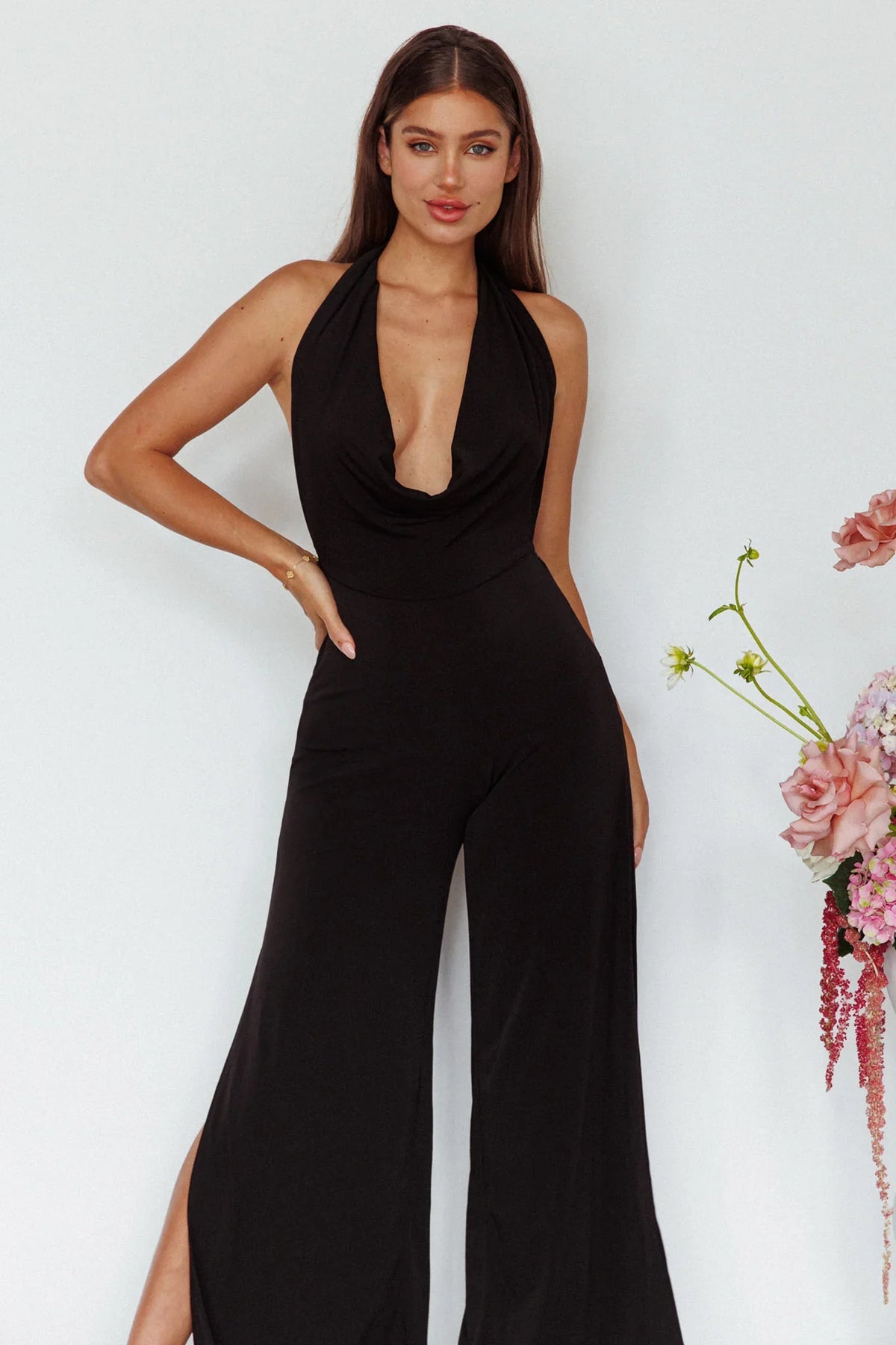 Emanuella Halterneck Split Jumpsuit Black