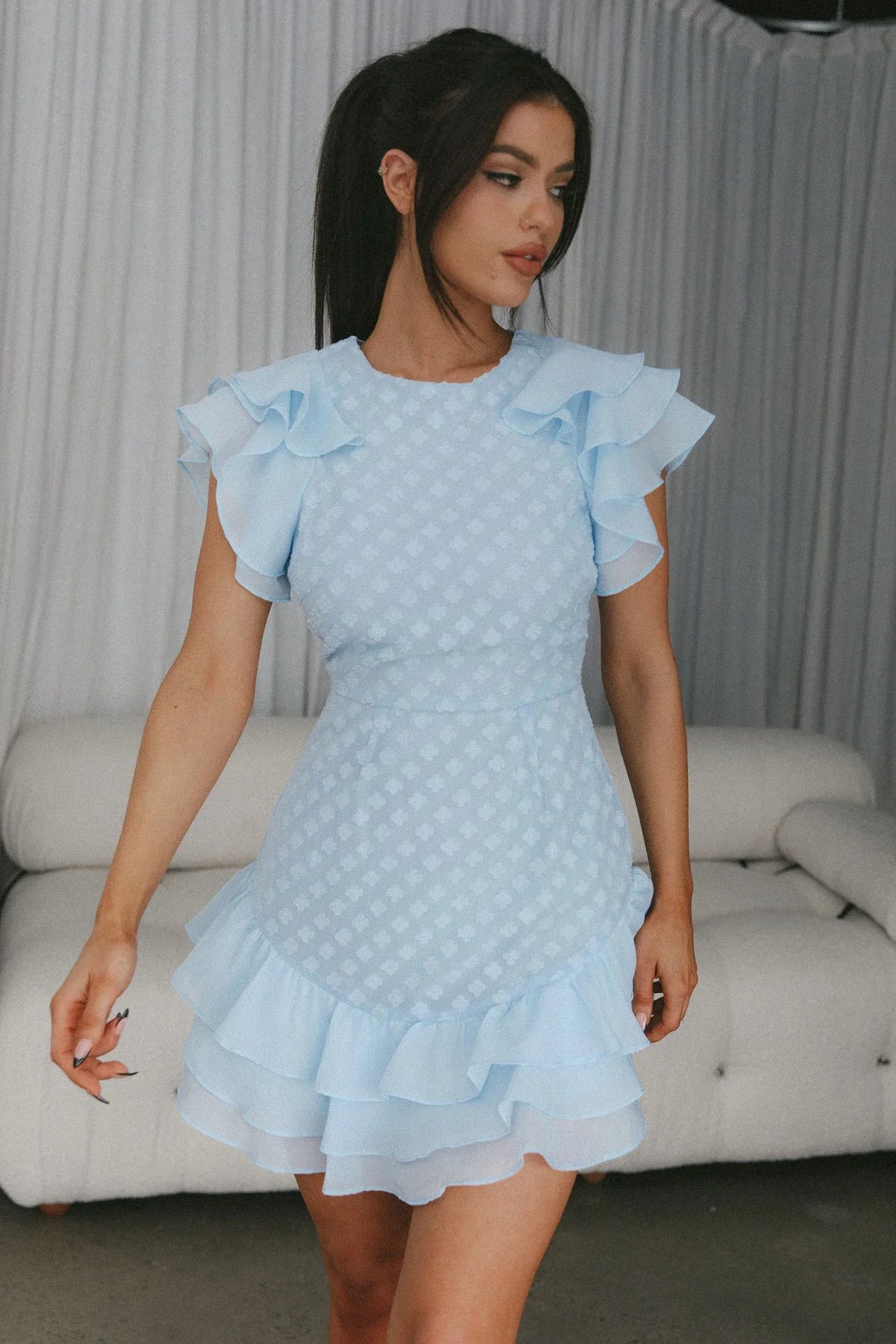 Destined To Be Ruffle Mini Dress Textured Blue