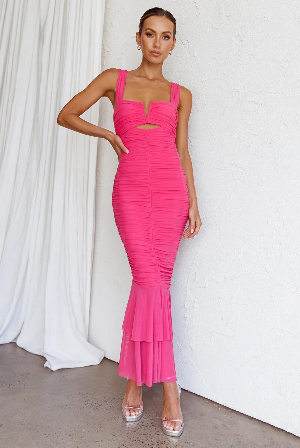 Nadia Ruched Fishtail Maxi Dress Hot Pink