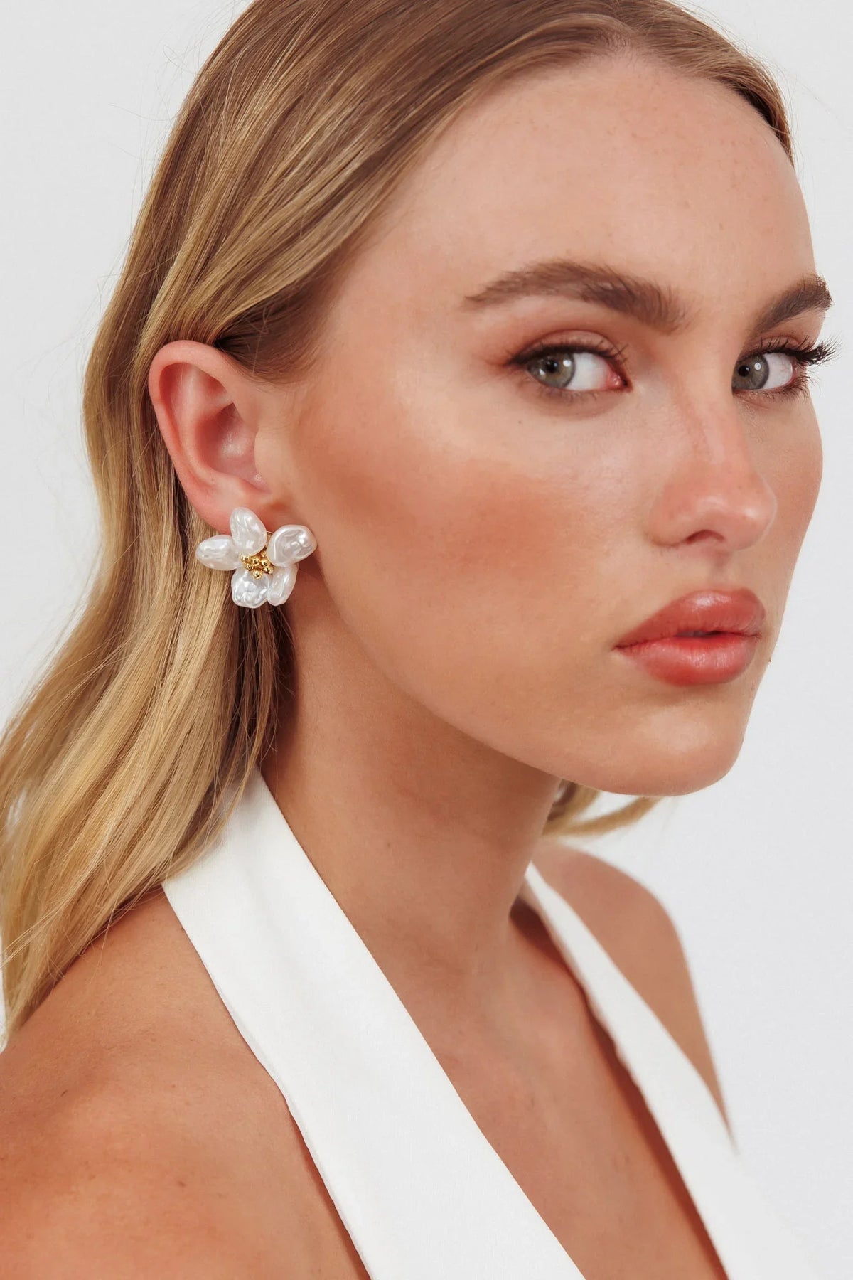 Lilleth Baroque Pearl Flower Earrings Gold