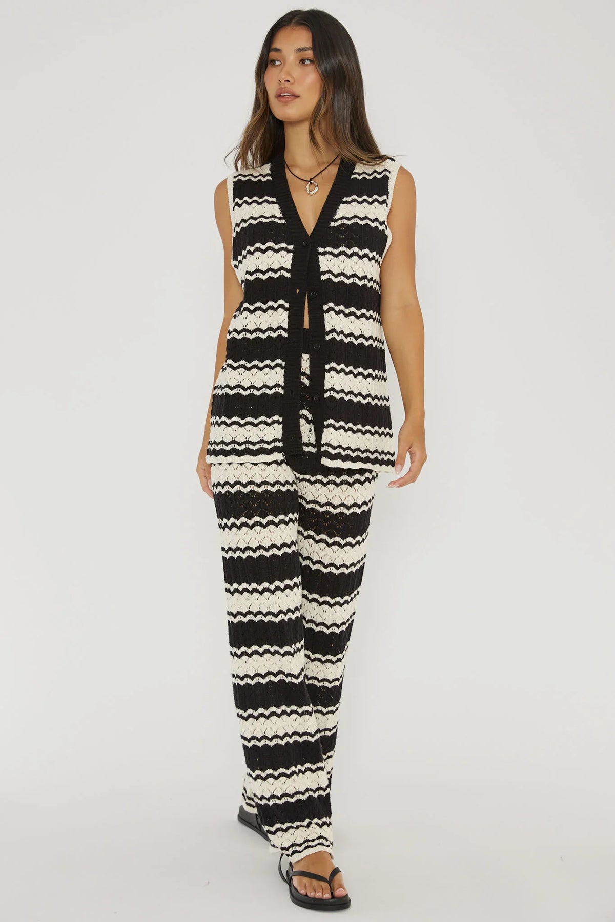 Maysah Button-Up Crochet Top Black/White