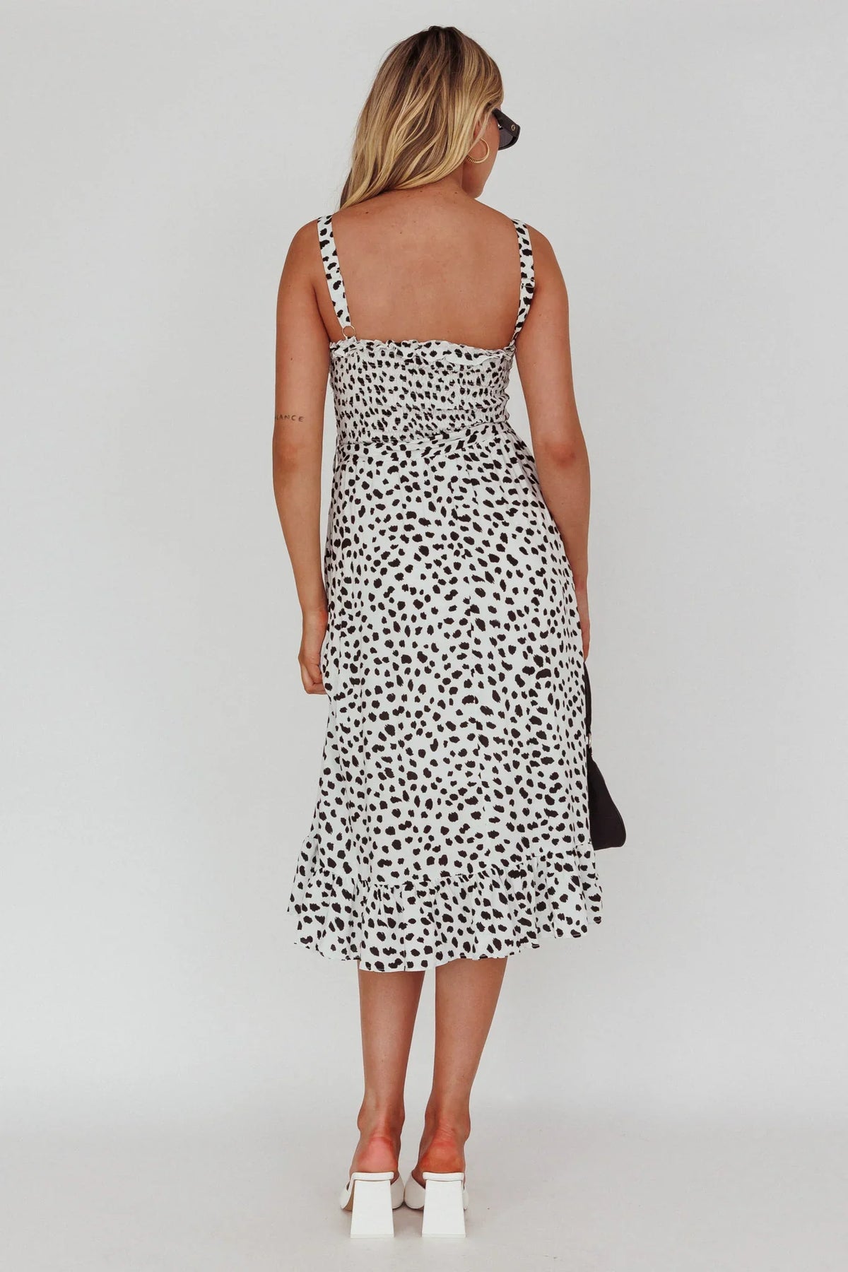 Honey Shirred Frill Midi Dress White/Black