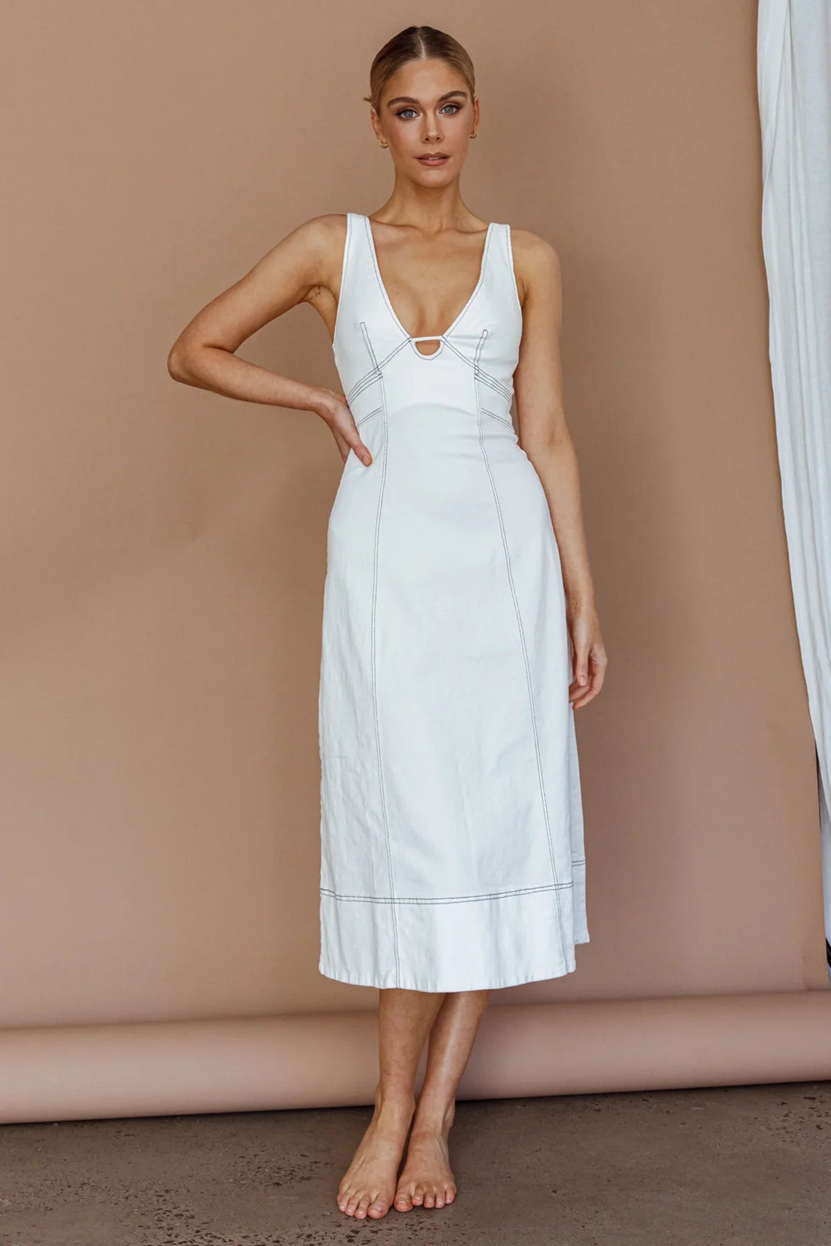 Elias Decorative Stitch Midi Dress White