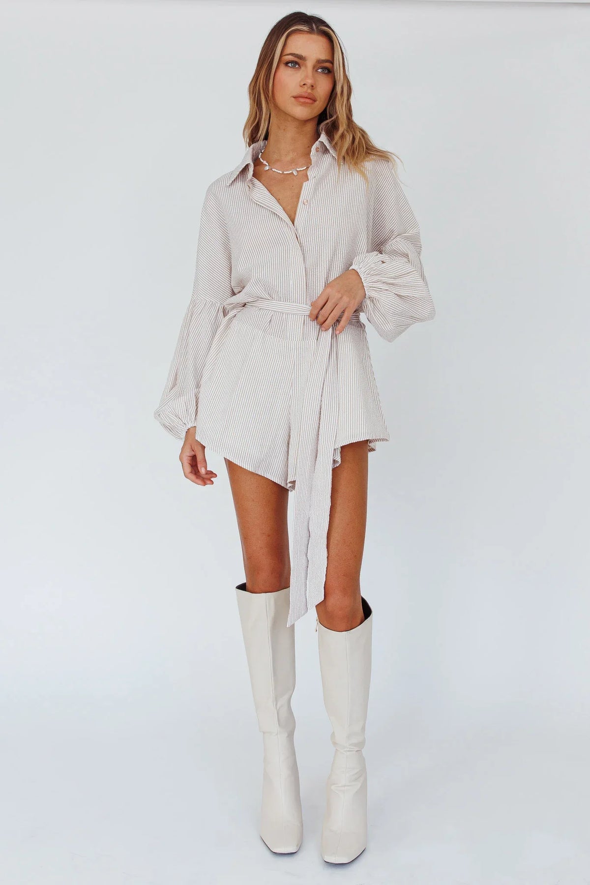 Daytona Beach Long Sleeve Shirt Romper Beige Stripe
