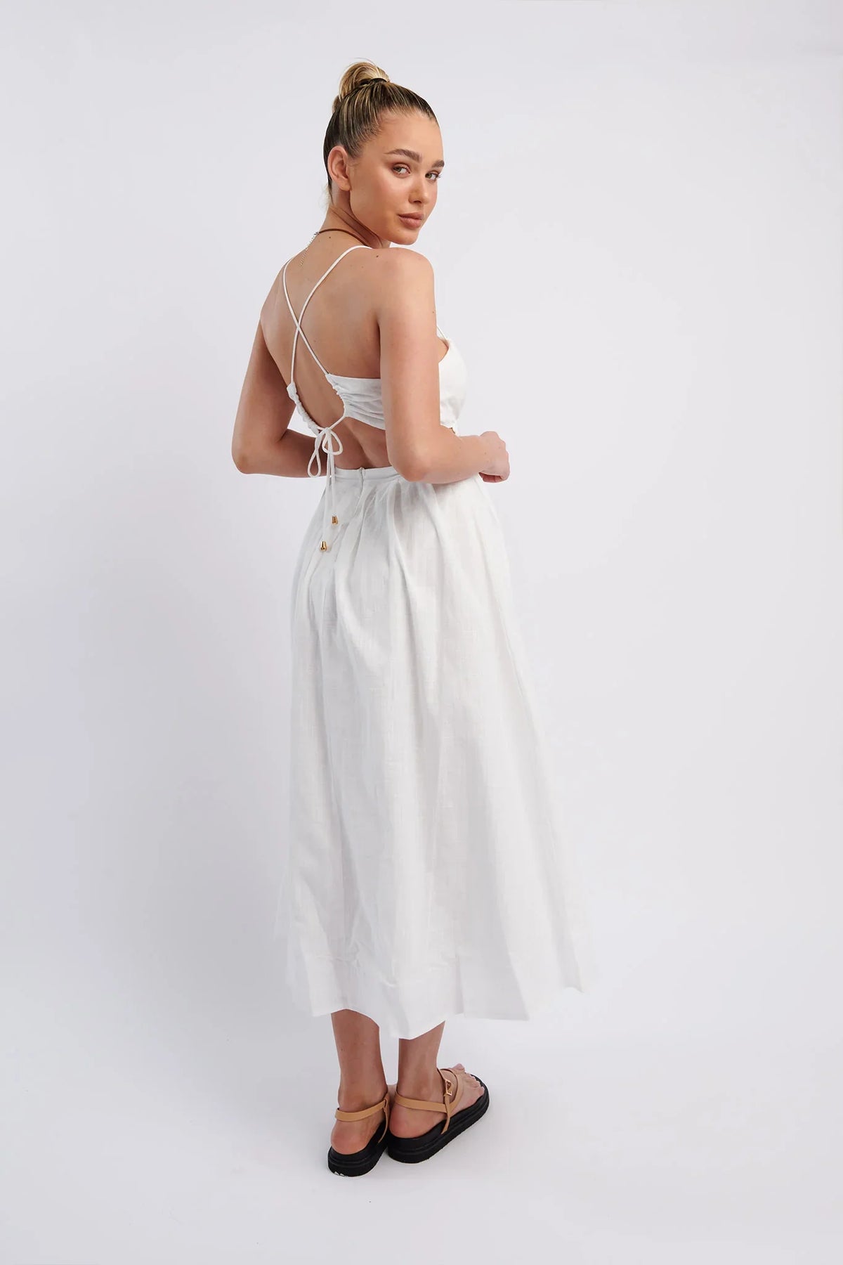 June Sun Tied Back Midi Dress White