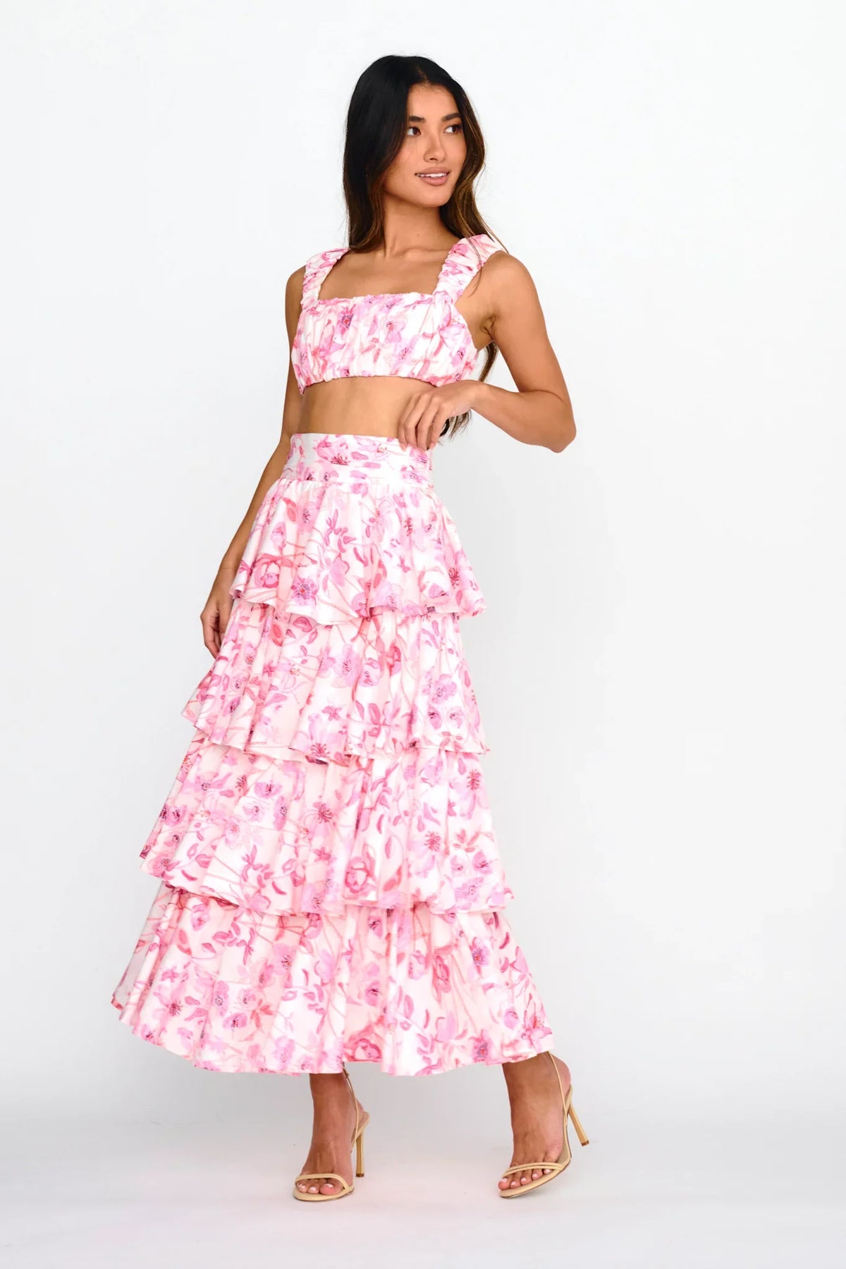 Suenito Tiered Frill Maxi Skirt Floral Pink