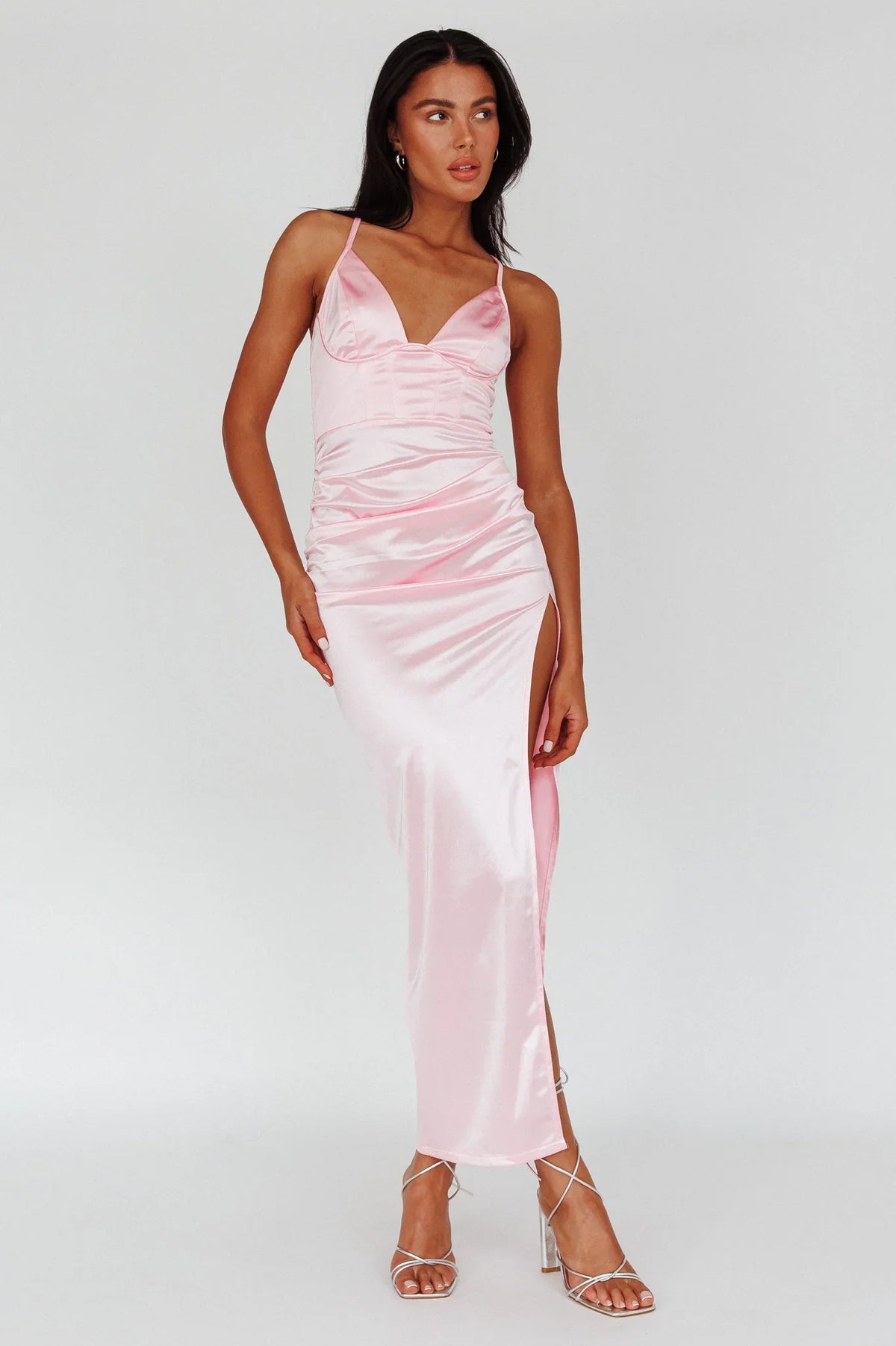 Cierra Thigh Split Maxi Dress Baby Pink