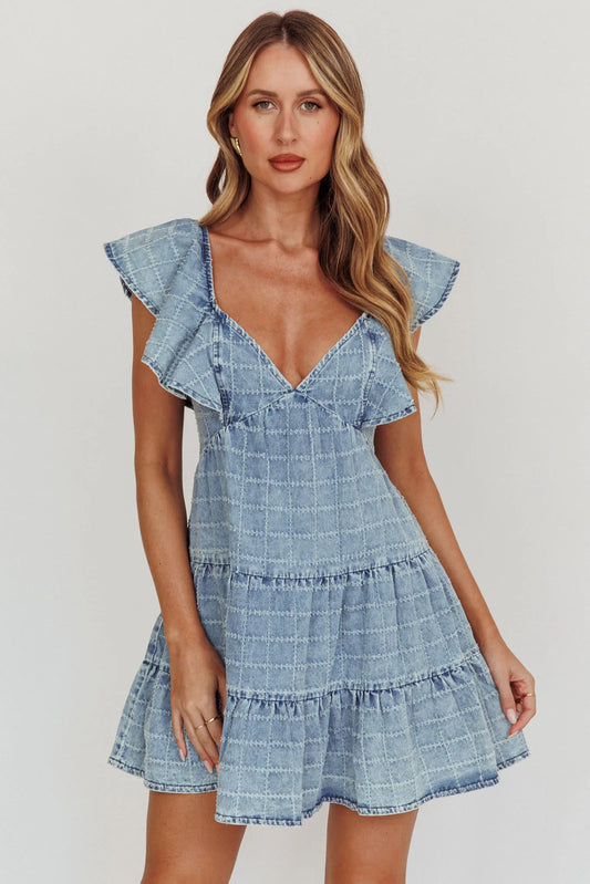 Daffodil Ruffle A-Line Mini Dress Light Blue