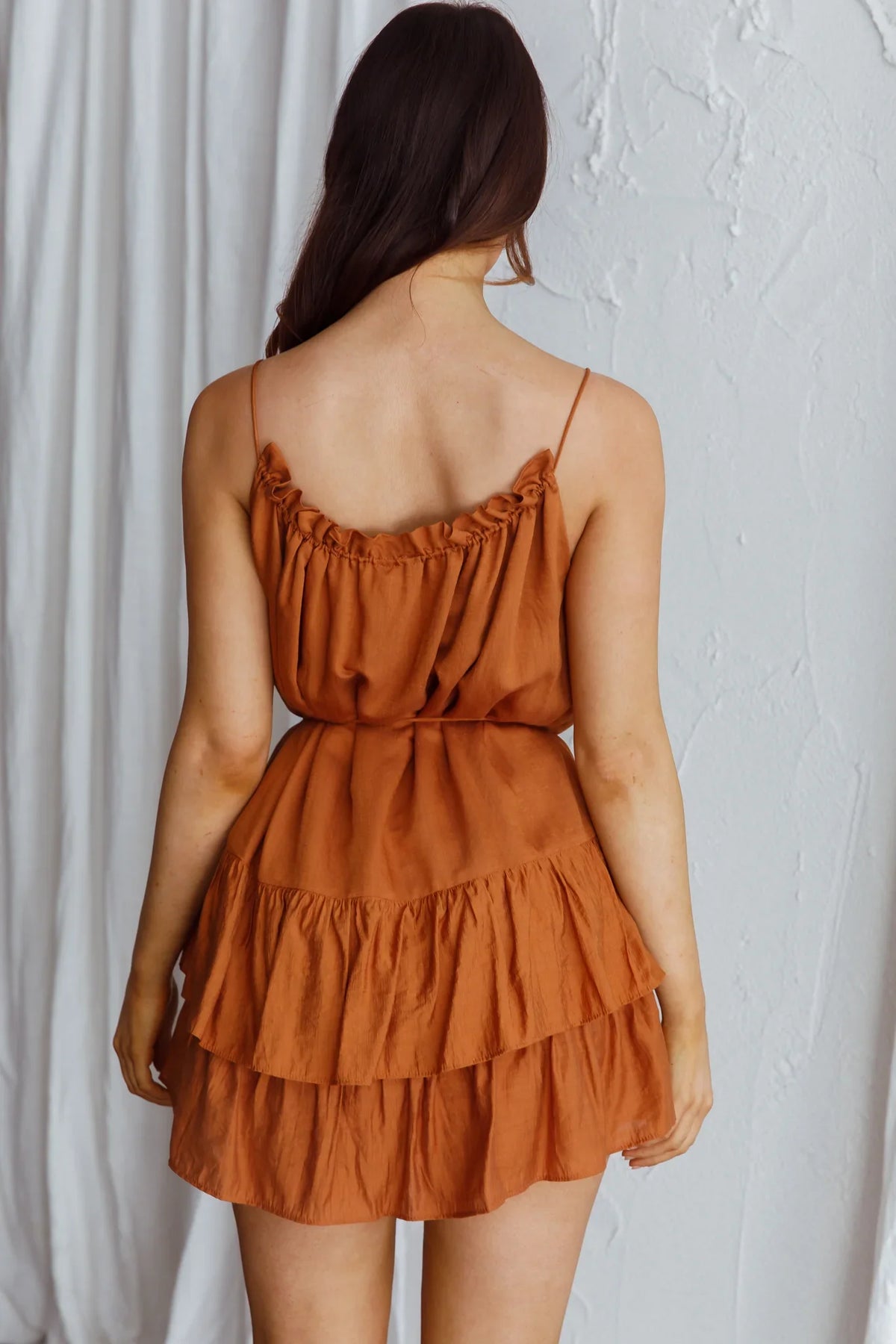 Madeira Drawstring Neckline Frill Mini Dress Tan