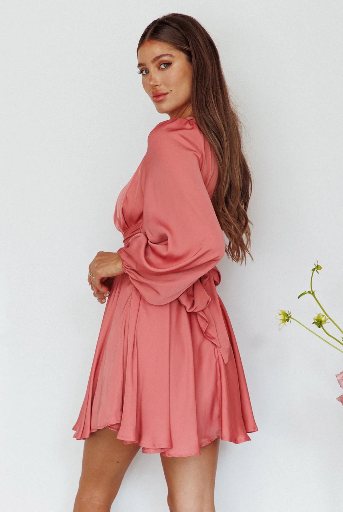 Leia Long Sleeve Waist Tie Mini Dress Rose