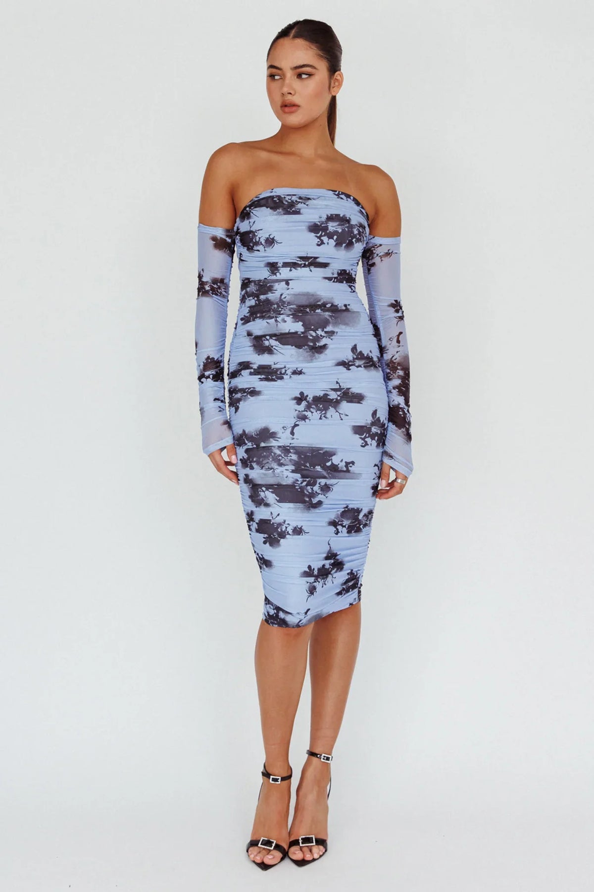 Cece Off-Shoulder Midi Dress Floral Blue
