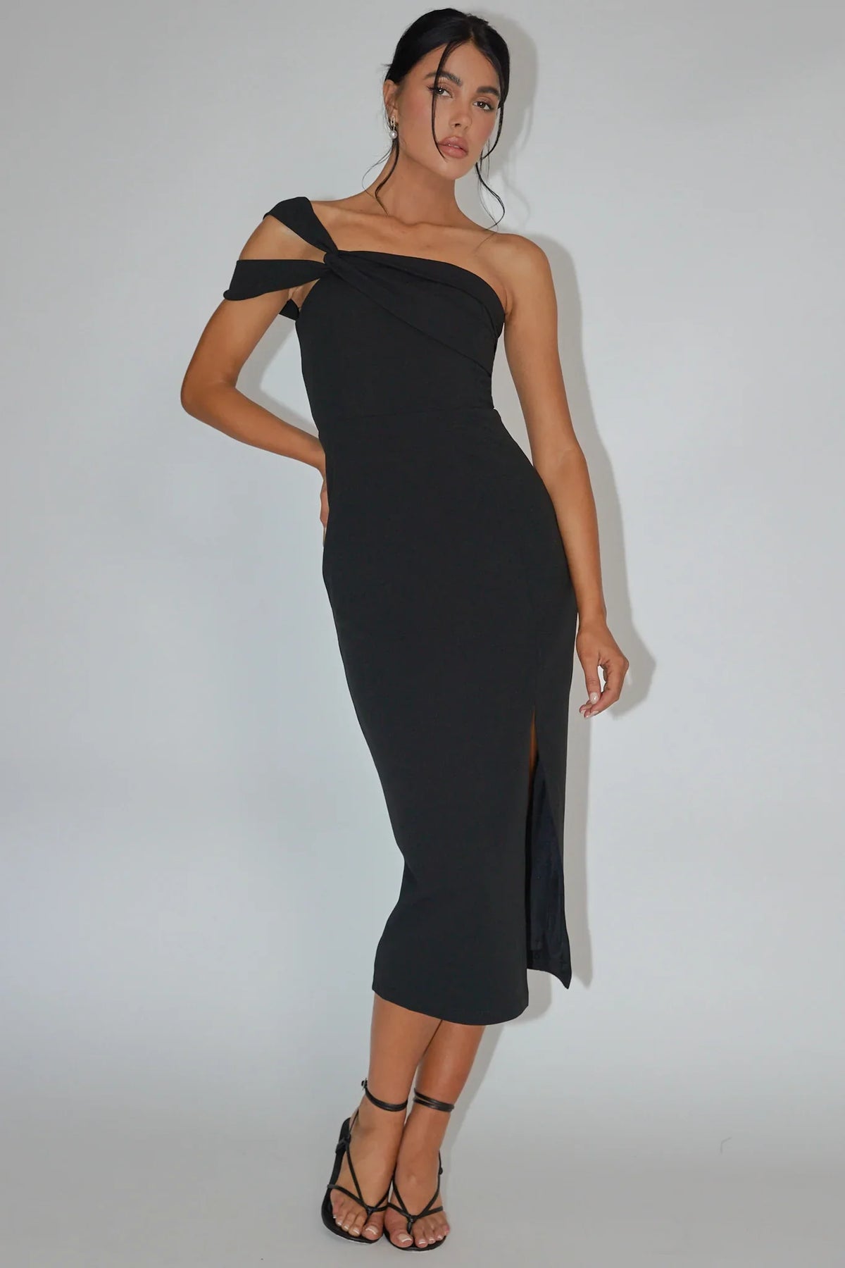 First Impressions One Shoulder Midi Dress Black