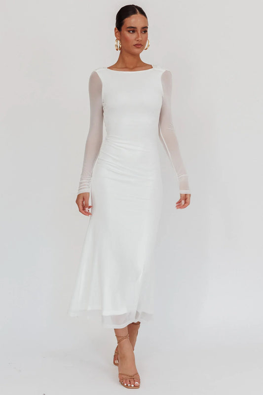 Lustre Open Back Mesh Maxi Dress White