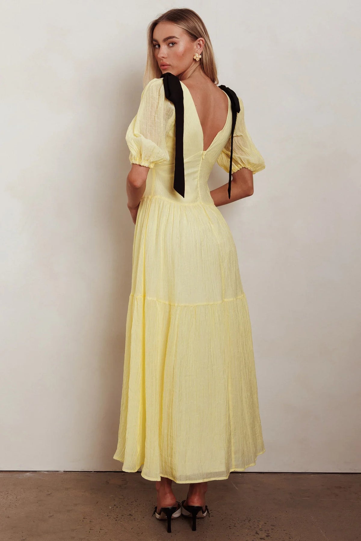 Sinta Bow Shoulder Puff Sleeve Maxi Dress Lemon