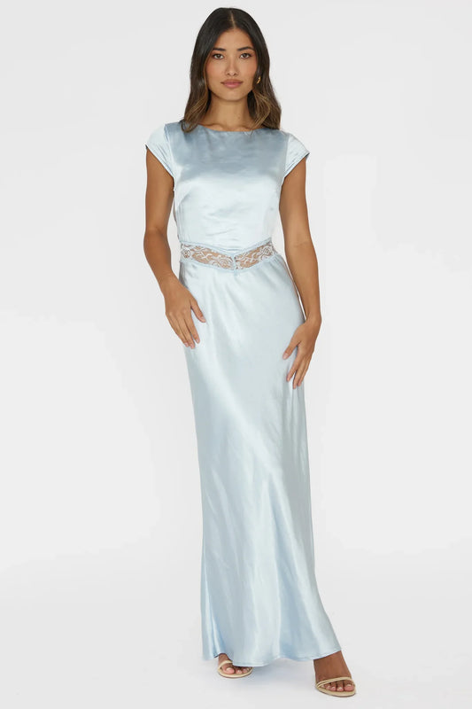 Taken Heart Lace Trim Tied Back Dress Baby Blue