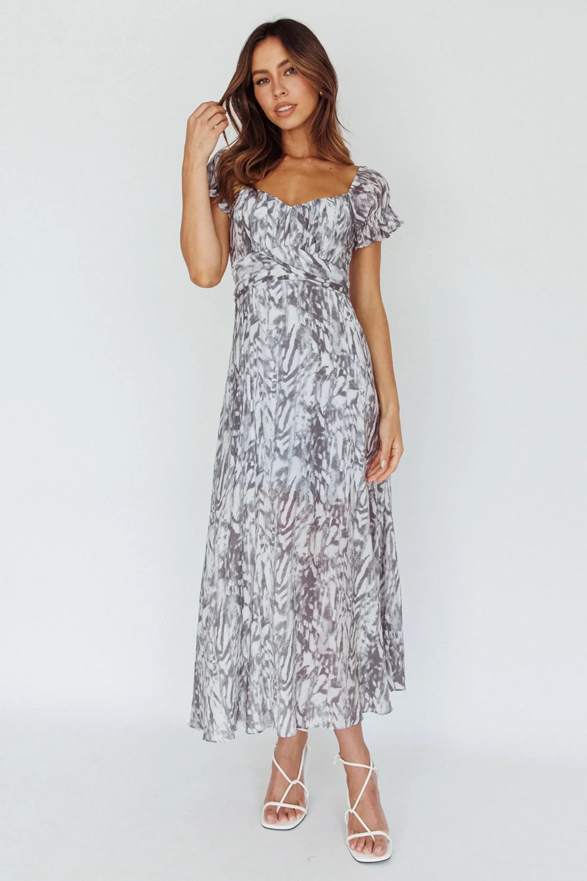Linka Off-Shoulder Tie Back Midi Dress Printed Grey