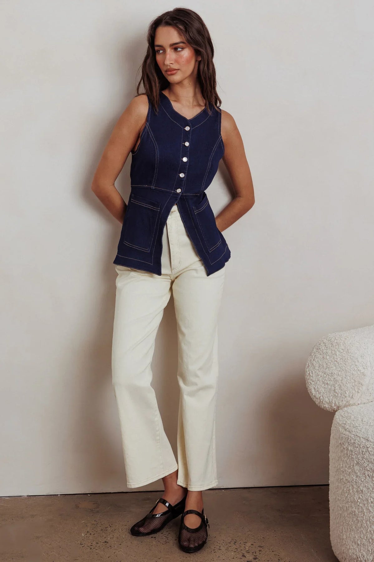 Philomena Button Front Pocket Vest Top Denim