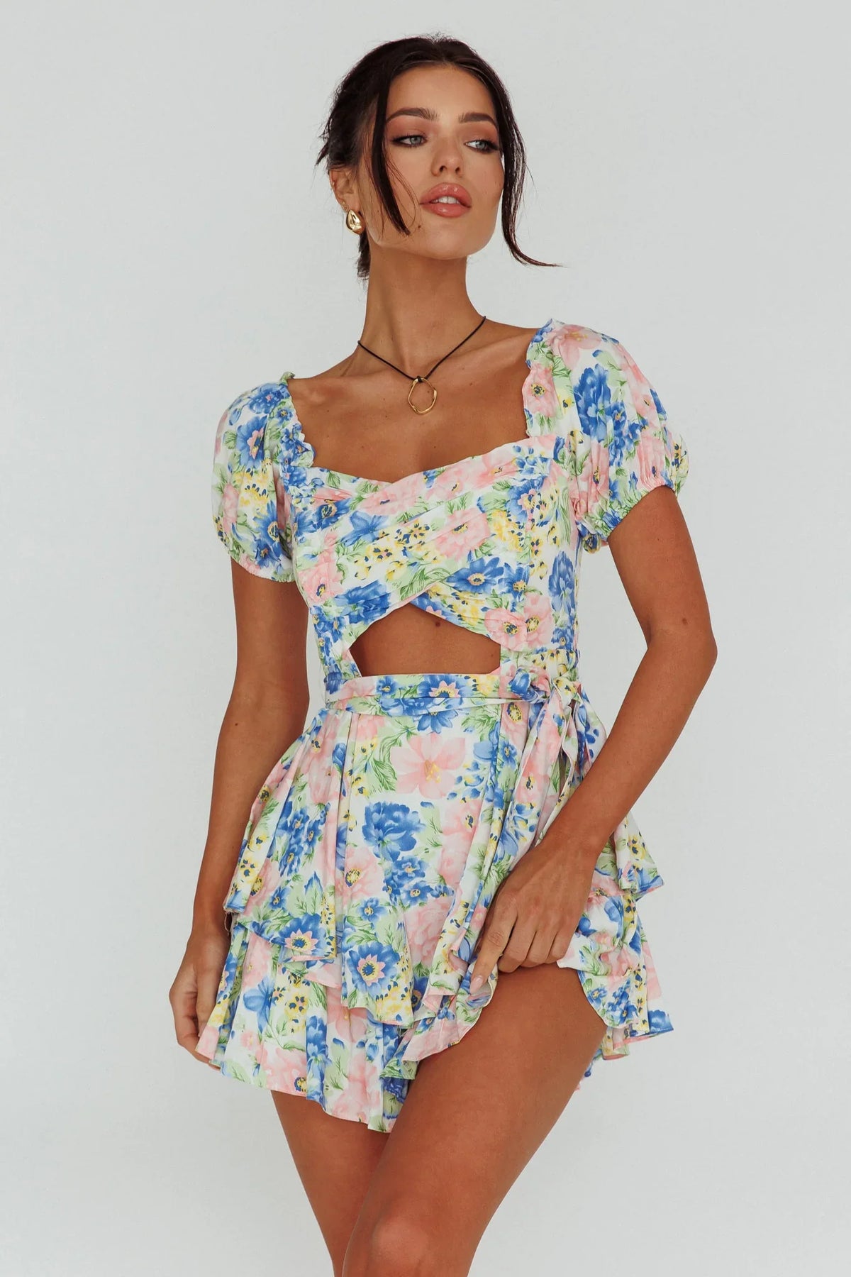 Whimsical Cut-out Bodice Romper Floral Blue