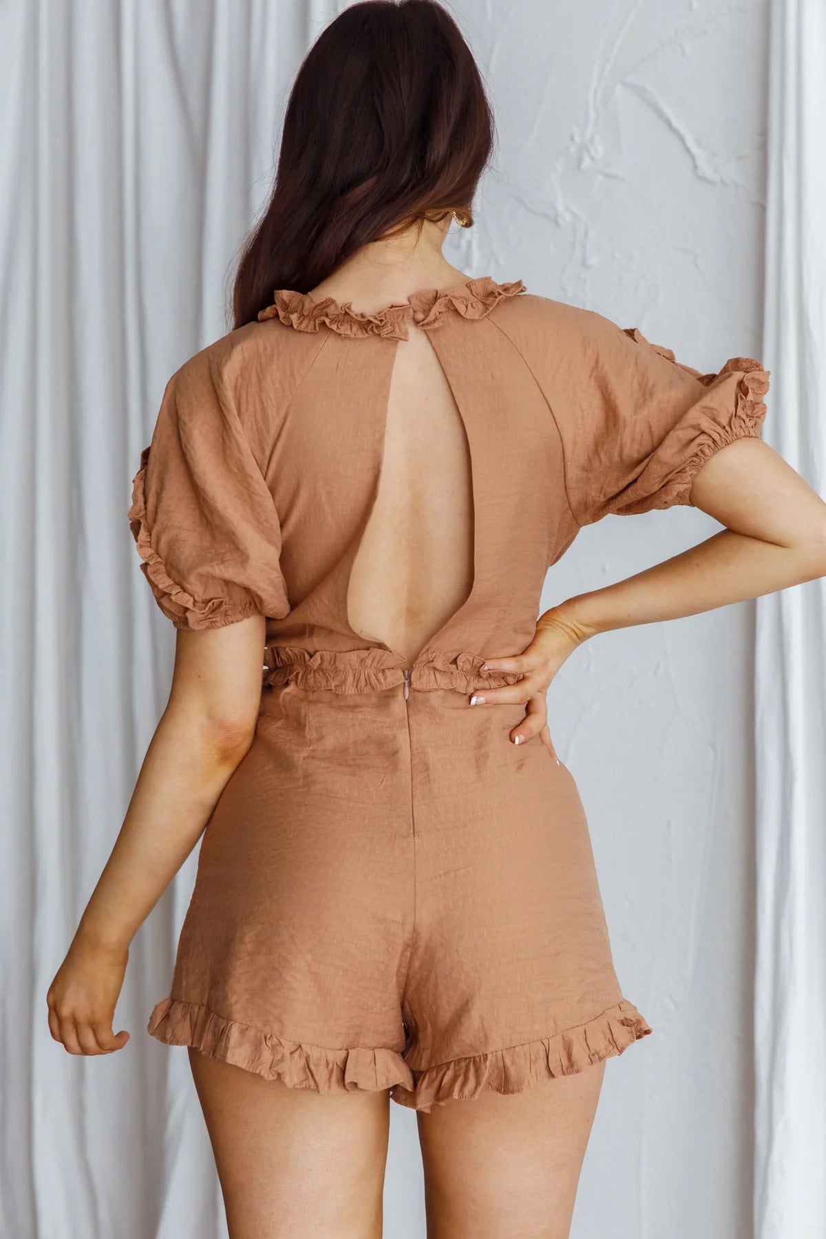 Galatia Frill Trim Puff Sleeve Romper Tan